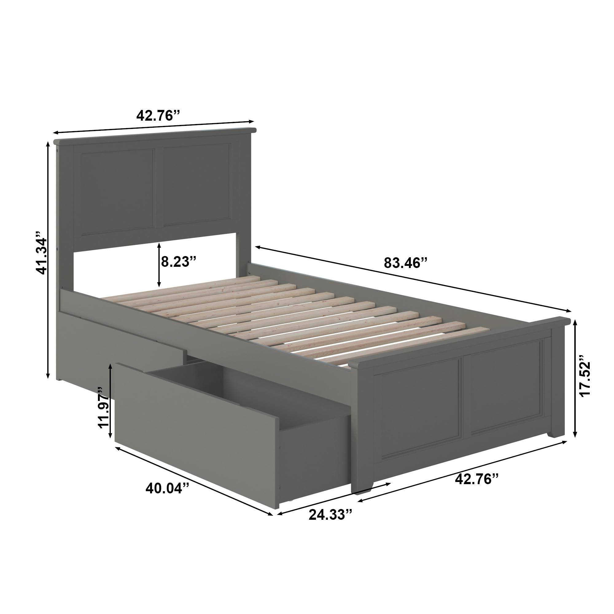 Atlantic Furniture AR8616119 Madison Twin XL Platform Bed with Matching Footboard & 2 Urban Storage Drawers - Space-Saving Grey Bed Frame for Small Bedrooms, Dorms & Guest Rooms