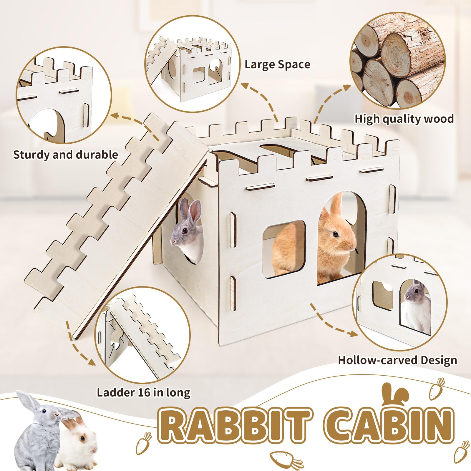 Wooden Rabbit Hideout Castle with Stairs - Indoor Rabbit House for Small Pets Like Guinea Pigs & Chinchillas - Perfect for Playtime, Resting & Cage Enrichment