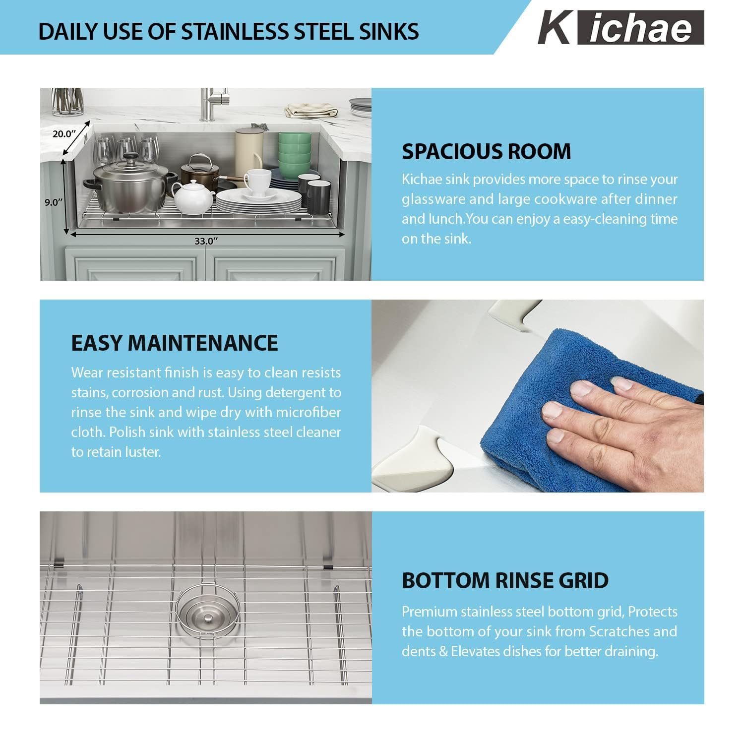 Kichae 33 Inch Farmhouse Kitchen Sink - 16 Gauge Stainless Steel Apron Front Single Bowl with Deep Basin | Handmade Farm Style Design for Rustic & Modern Kitchens | Perfect for Country Homes, Renovations & Chef Cooking Spaces