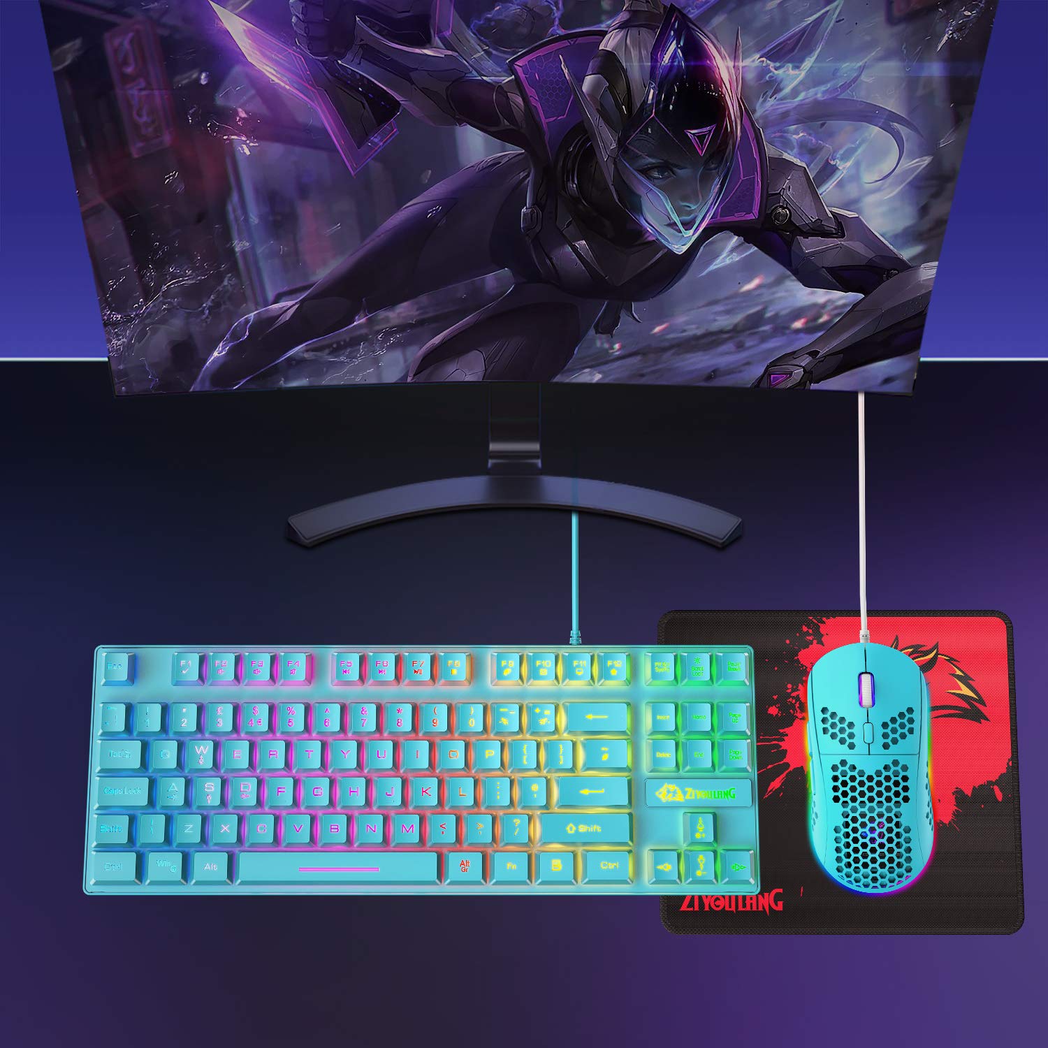 RGB Backlit Gaming Keyboard and Mouse Combo - 88-Key USB Mechanical Keyboard & Programmable 6400 DPI Lightweight Gaming Mouse for PC, PS4, PS5, Laptop, Mac (Blue) - Perfect for Esports, Streaming & Late-Night Gaming Sessions