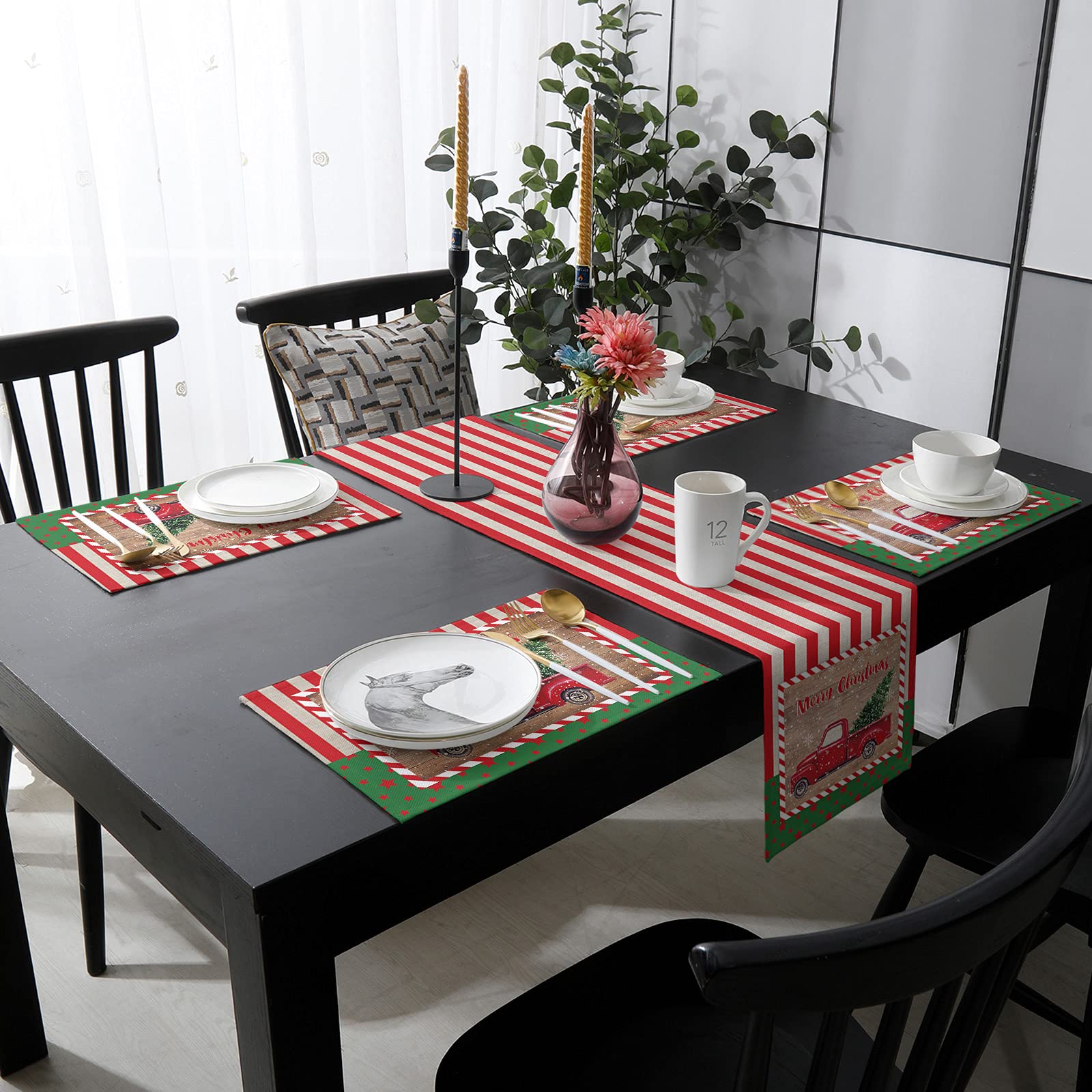 Savannan Burlap Christmas Placemats Set - 6pcs Rustic Holiday Table Mats & 1 Red Stripe Snowflake Table Runner for Farmhouse Decor, Xmas Party, Dining Table Setting, Winter Home Decoration