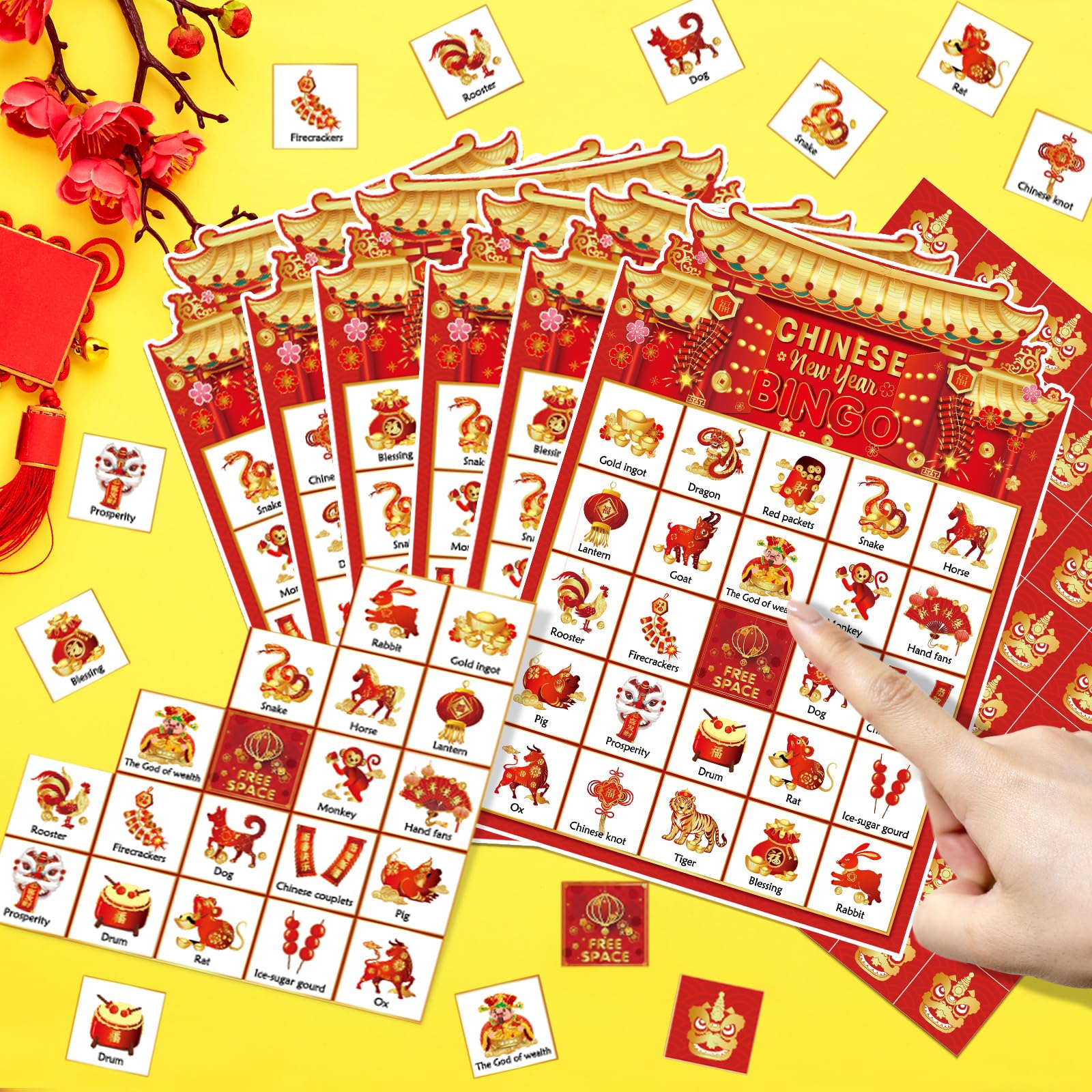 24 Players Chinese New Year Bingo Game Cards Set - 2025 Lunar New Year Bingo for Family & Friends - Oriental Holiday Party Games Supplies for Year of Snake Celebration - Perfect for Spring Festival Gatherings, Classroom Activities & Cultural Events