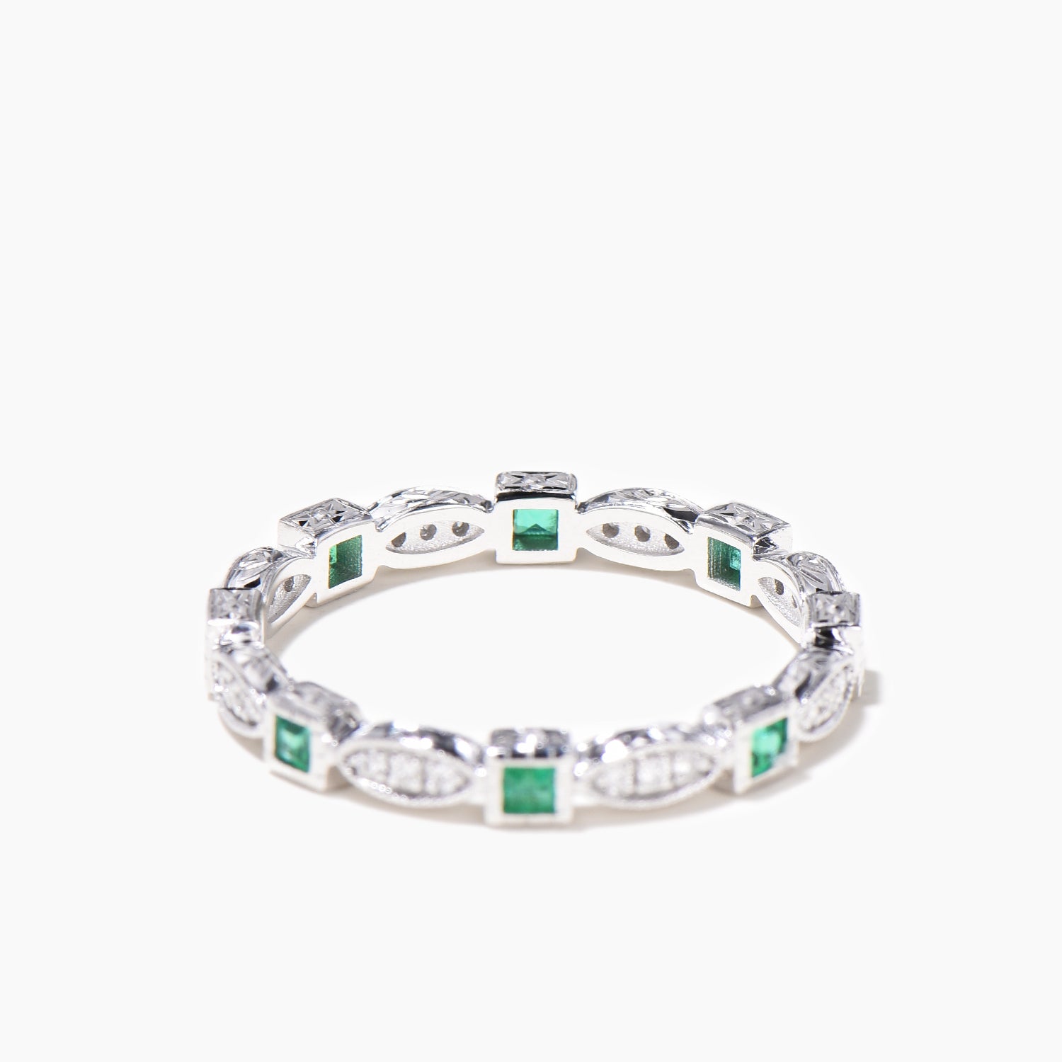 Princess Cut Emerald Bezel Wedding Ring - Diamond Full Eternity Band in 14K White Gold - Perfect for Engagement, Anniversary & Bridal Jewelry Gifts