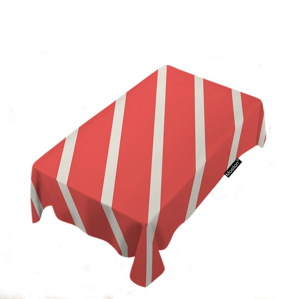 White Diagonal Stripes Tablecloth with Pink Background - Christmas Simple Geometric Pattern Rectangular Table Cover for Kitchen, Picnic, BBQ - 52x70 Inch Polyester Fabric