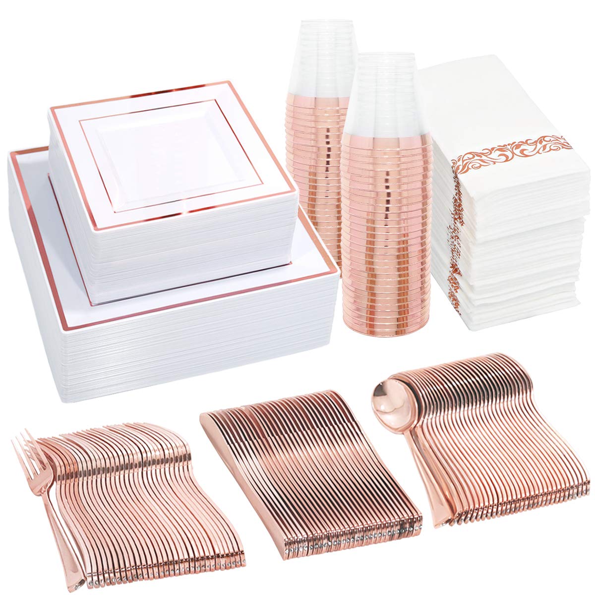 WDF 50-Pack Rose Gold Plastic Plates Set with Disposable Cutlery, Cups, Utensils & Napkins - Elegant Square Disposable Tableware for Weddings, Parties & Mother's Day Celebrations - Perfect for Bridal Showers, Baby Showers & Special Events