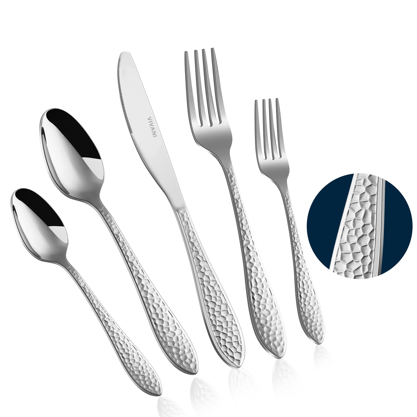 VIVANI 40-Piece Hammered Stainless Steel Flatware Set for 8 - Dinner Knives, Forks & Spoons - Elegant Tableware Cutlery Set for Home & Restaurant Use - Perfect for Formal Dining, Dinner Parties & Everyday Meals