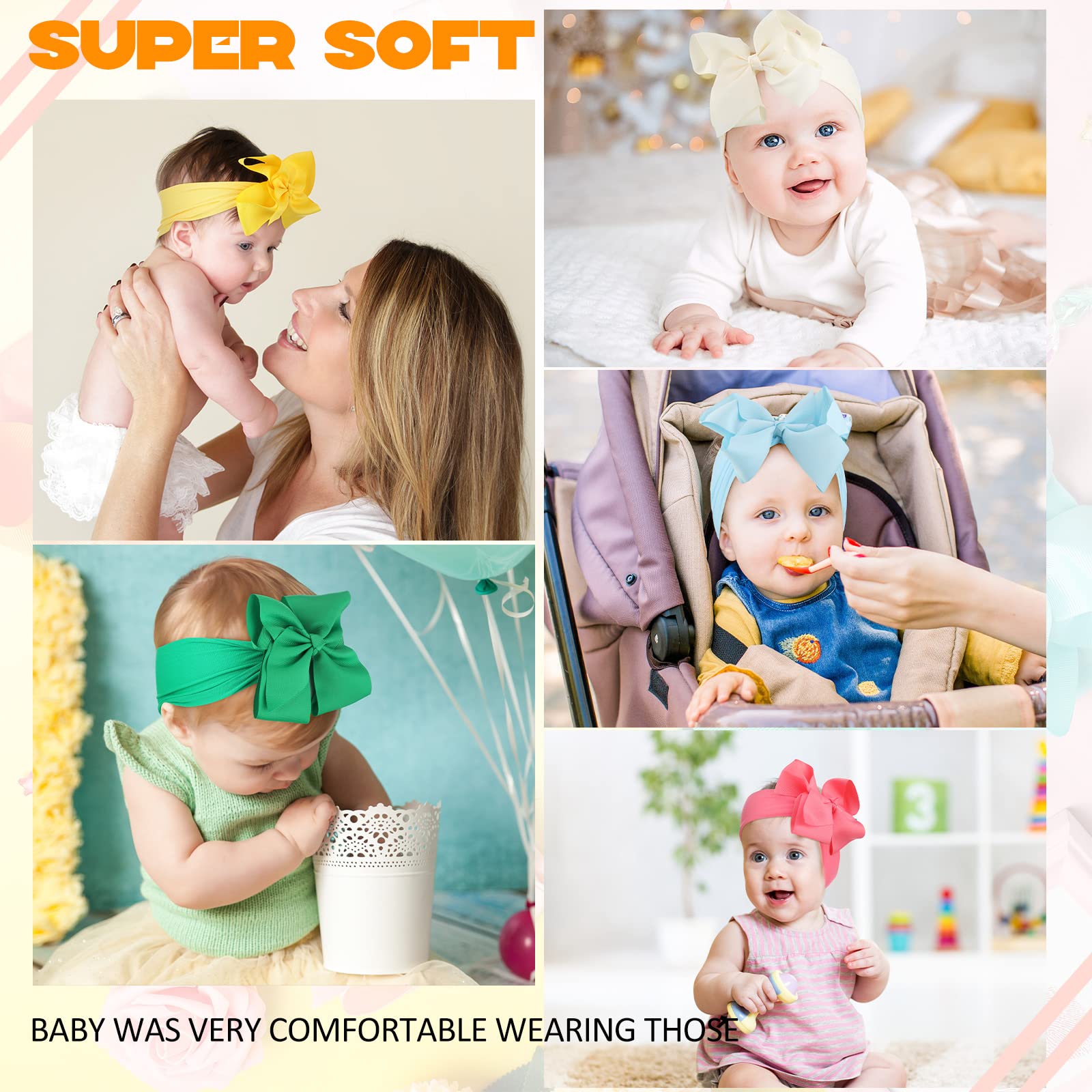 Hoteam 50 Pcs Baby Girls Large Bows Headbands - 6.3 Inch Soft Wide Turban Headbands with Elastic Nylon - Hair Accessories for Newborns, Infants, Toddlers & Kids - Perfect for Birthday Parties, Photo Shoots & Daily Outfits