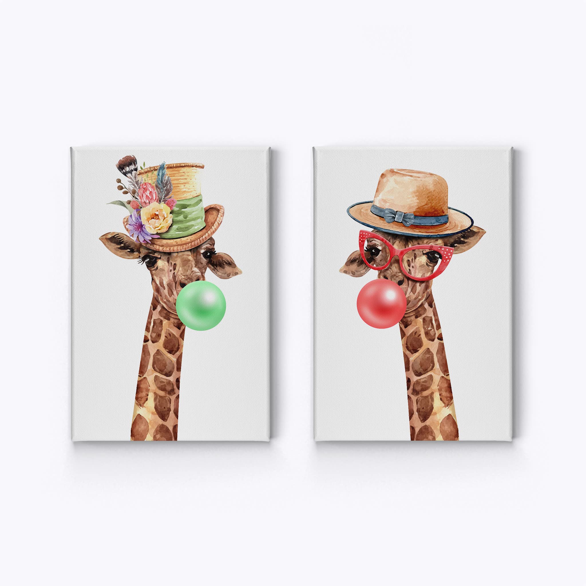Smile Art Design Giraffe Portrait with Flowered Hat Chewing Bubble Gum - 2 Piece Canvas Wall Art Set, Animal Pop Art for Living Room, Bedroom, Nursery & Kids Room Decor (22x15 Inches) - Perfect for Modern Home, Office & Gift Giving