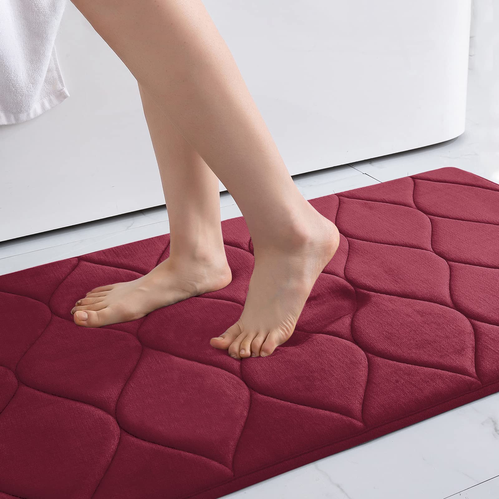 Colorxy Ultra Soft Non-Slip Memory Foam Bath Mat - Absorbent Machine Washable Shower Rug for Bathroom & Kitchen Floor - 36x24 Inch Burgundy - Perfect for Wet Areas, Spa Style Bathrooms & Cozy Home Decor