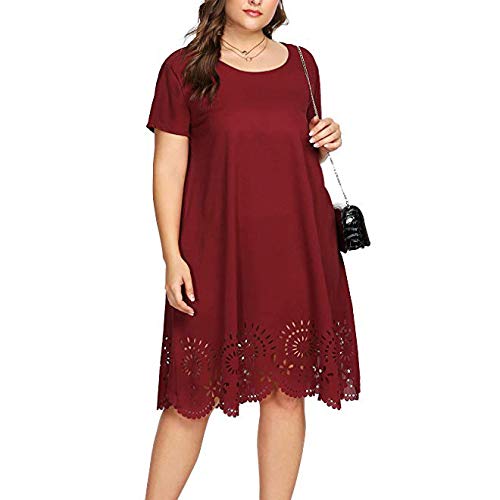 Plus Size Casual Short Sleeve Hollow Out O-Neck Solid Dress for Women - Birthday Party, Summer Outfits, Beach Wear & Everyday Fashion