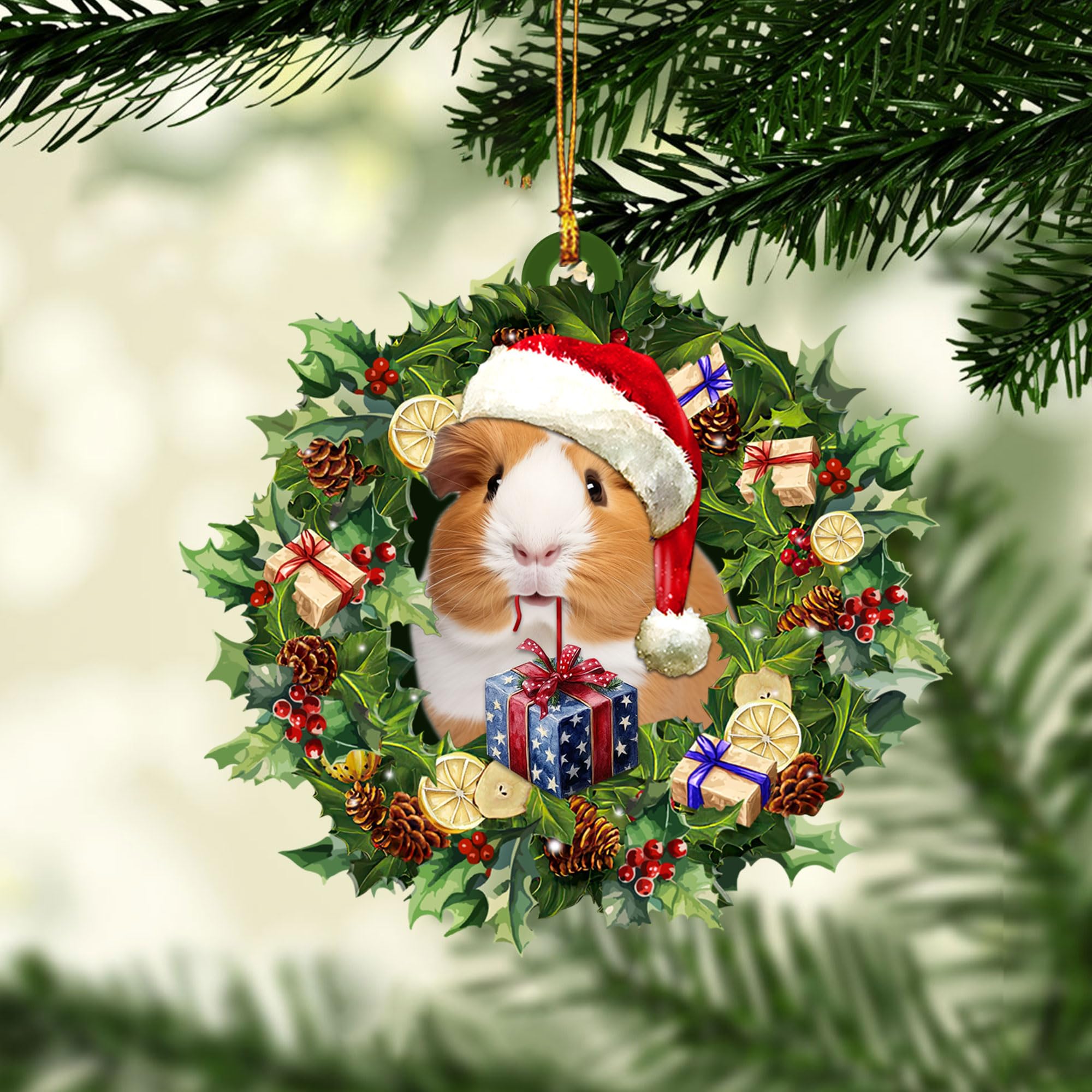 Talataca Guinea Pig Christmas Hat Wreath - 2D Flat Car Rear View Mirror Accessories, Cavy Ornament for Holiday Decor - Perfect for Christmas Tree Decorations, Car Interior Hanging Charm & Festive Gift