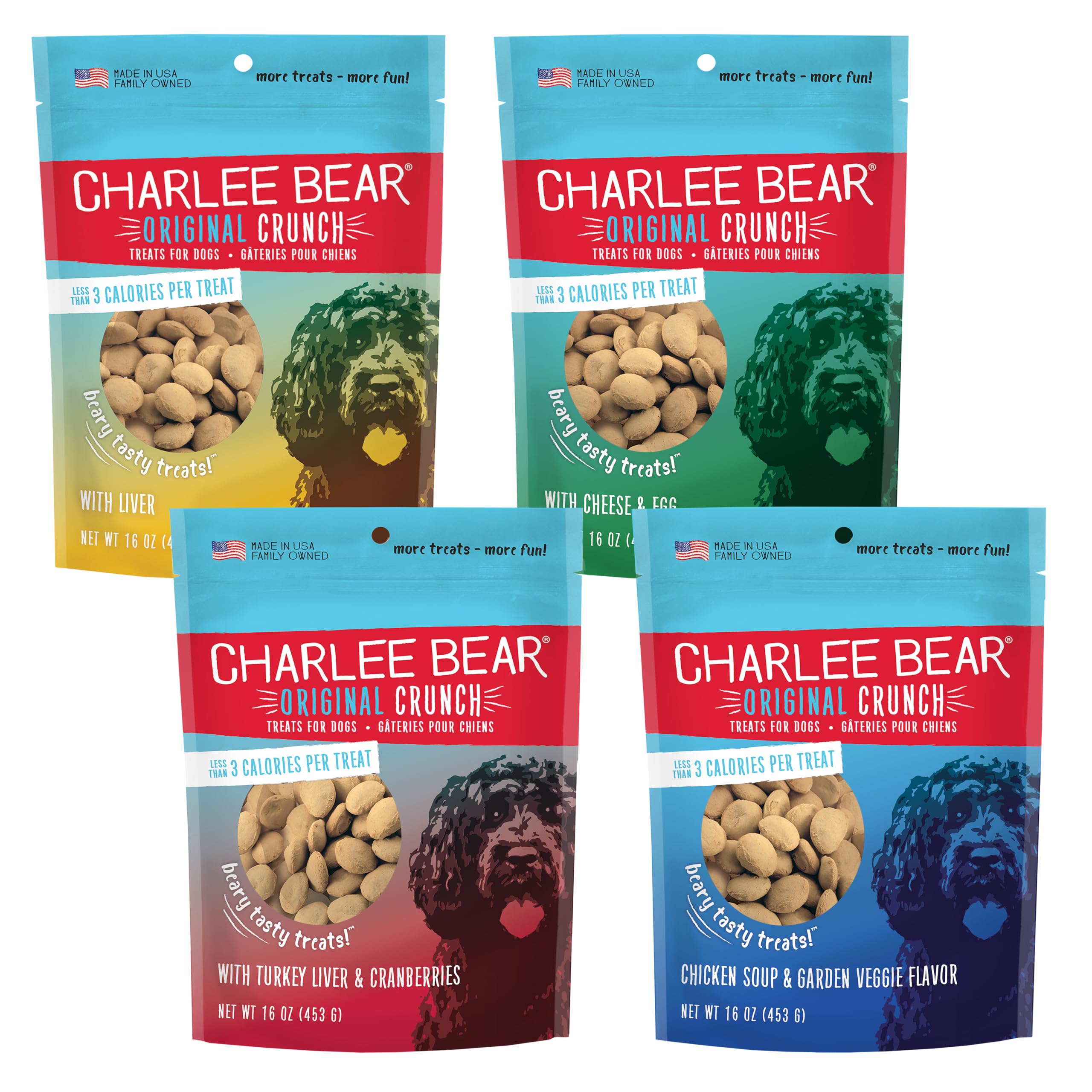 Charlee Bear Original Crunch Dog Treats Variety Pack - 16oz (4 Flavors: Liver, Egg & Cheese, Chicken Soup, Garden Veggie, Turkey Liver & Cranberry) | USA-Made Natural Training Treats for Small & Large Dogs | Perfect for Rewards, Obedience Training & Travel Snacks