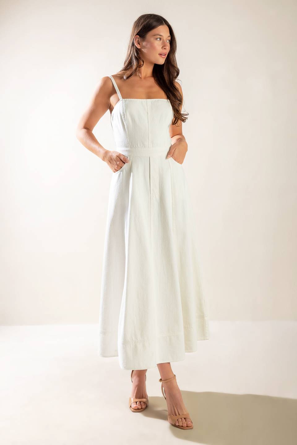 LET'S GO FOR A WALK White Lace Up Back Midi Dress - Perfect for Brunch, Date Night & Summer Weddings