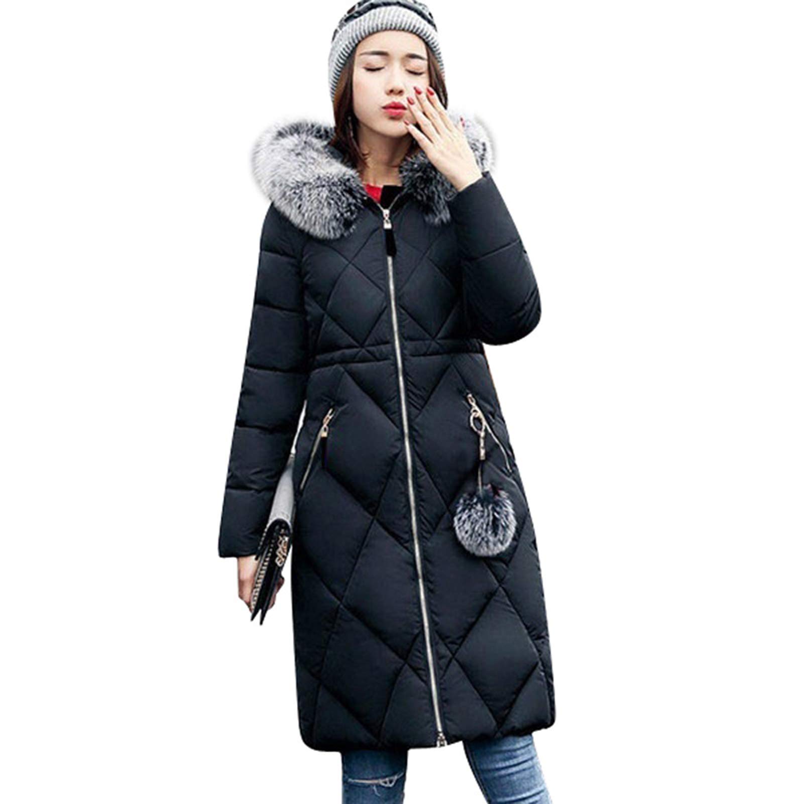 Women's Mid-Length Padded Jacket with Fur Collar - Thick Down Winter Coat for Women (Black, XL) | Warm Outerwear for Cold Weather, Snow Activities & Daily Commute