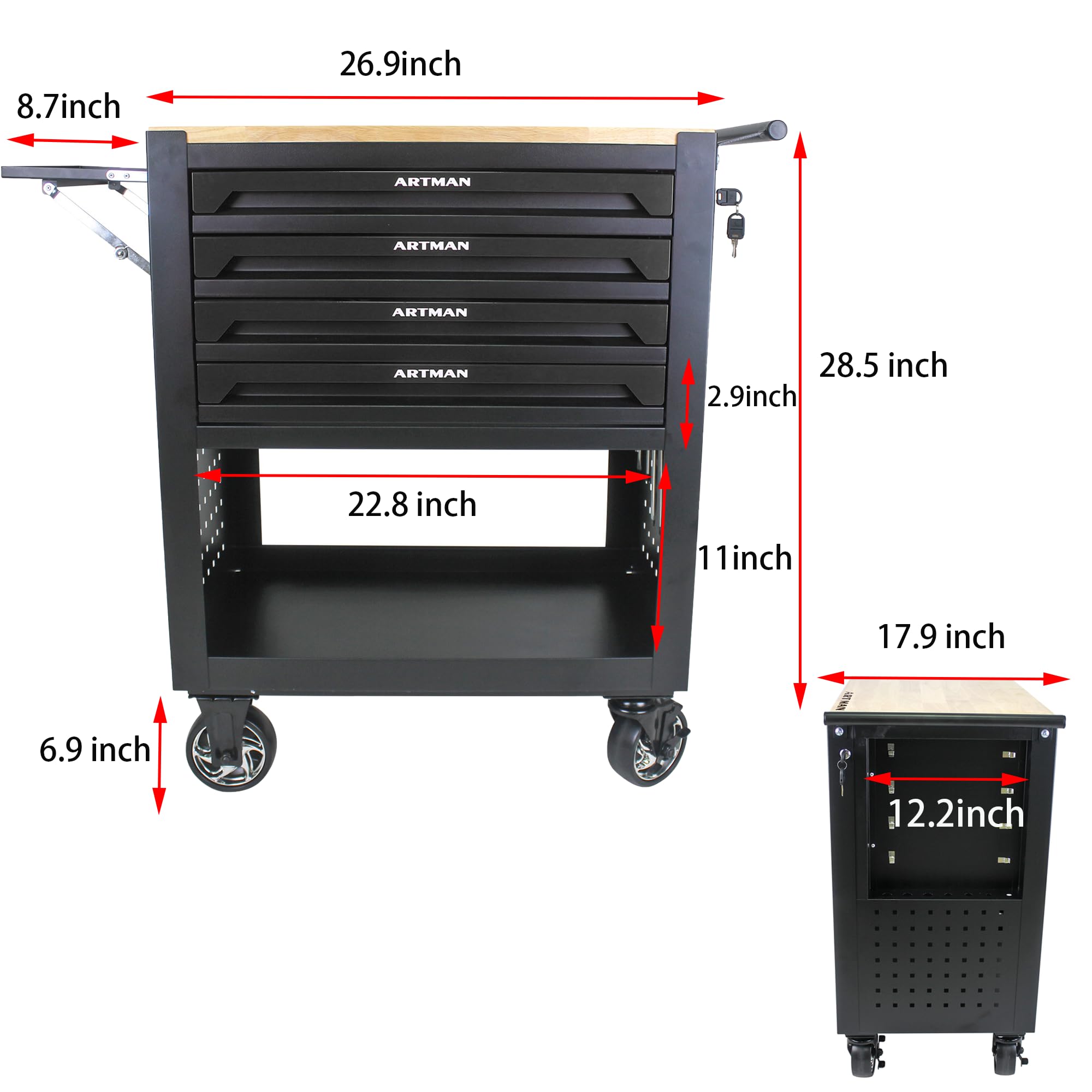 4 Drawers Rolling Tool Chest with Wheels - Heavy Duty Tool Cart Organizer for Mechanics, Garage Storage & Workshop - Portable Tool Box with Drawers for Automotive Repair & Home DIY Projects