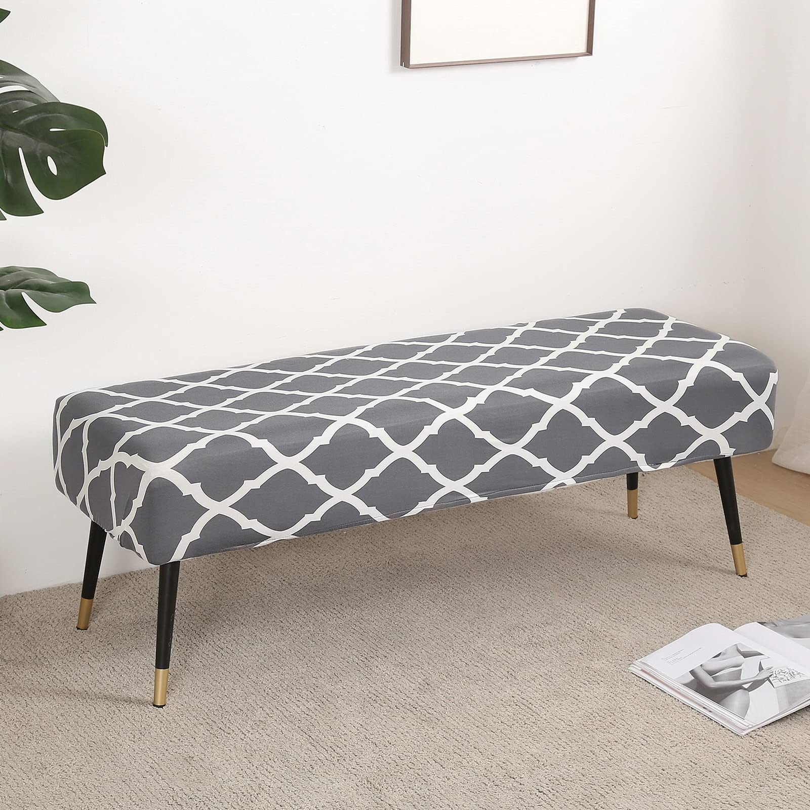 Stretch Printed Dining Room Chair Seat Covers Set of 4 - Washable Bench Slipcover, Grey Fabric Upholstery Protector for Kitchen & Dining Furniture - Perfect for Home, Restaurant, and Office Use