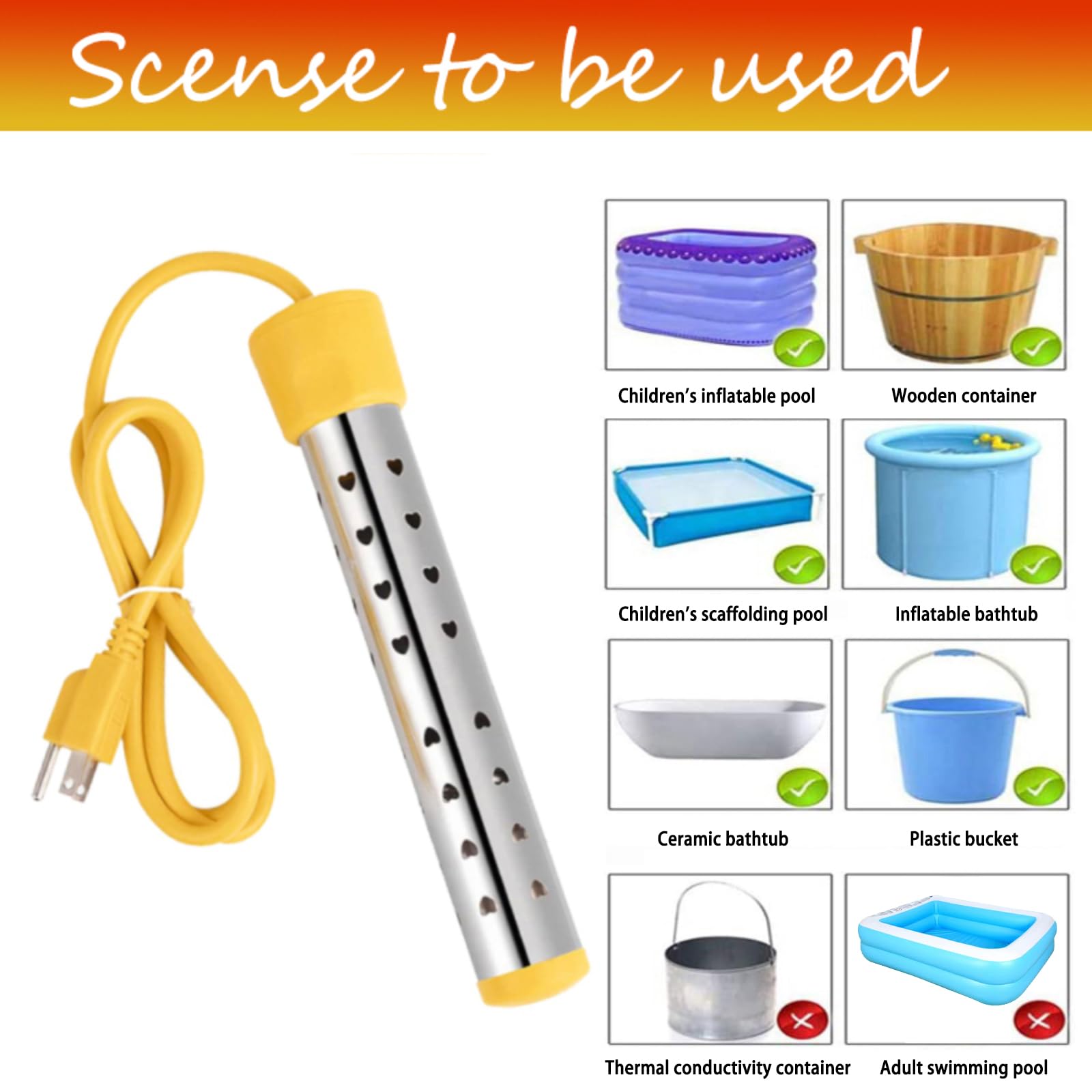 Fast Heating Immersion Water Heater for Bathtub - 304 Stainless Steel Submersible Heater with Protective Cover - Warms 5 Gallons in Minutes (Yellow) - Perfect for Bathrooms, Spas, and Home Relaxation