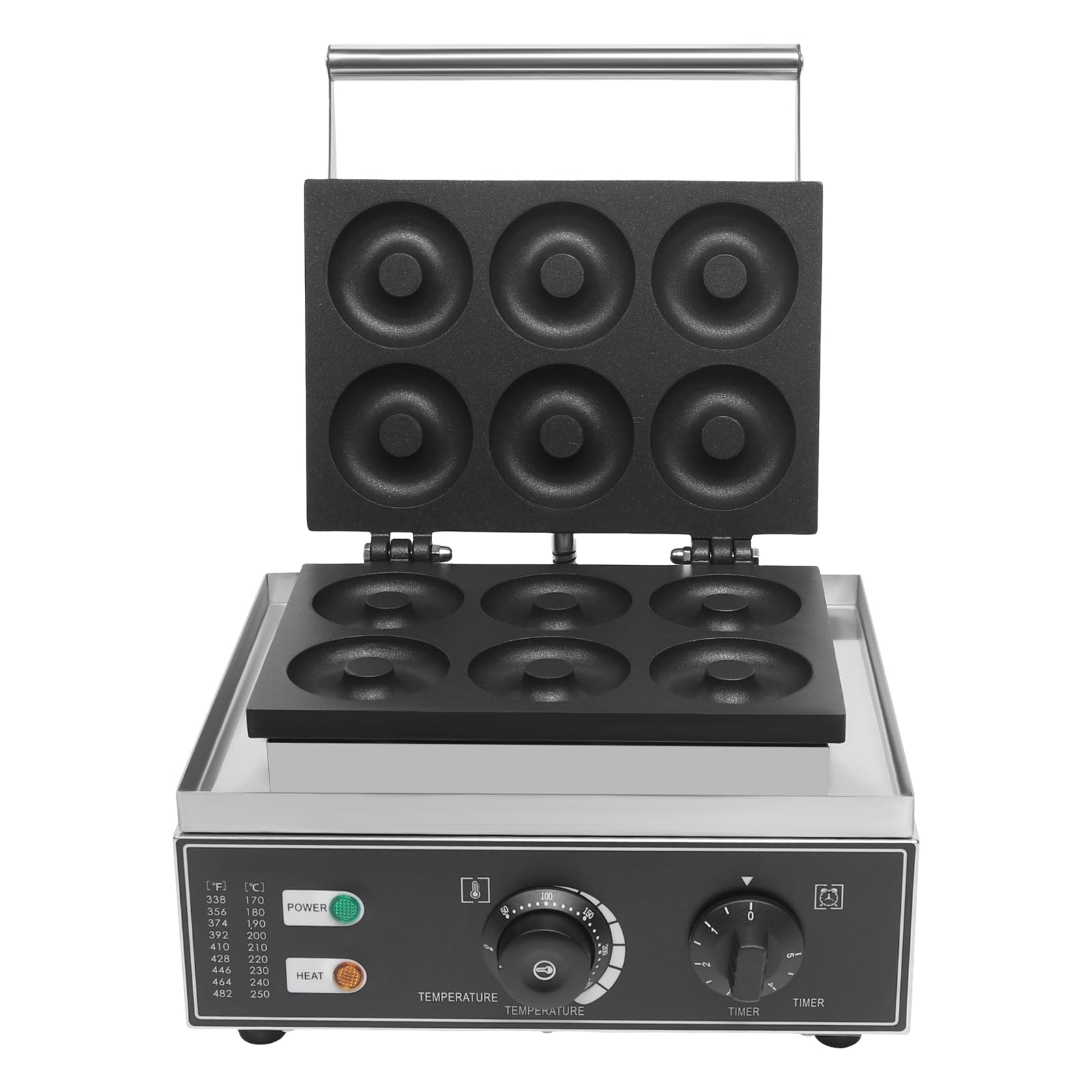 Commercial Stainless Steel Donut Maker Machine - 6Holes Double-Sided Electric Pancake & Waffle Baker with Non-Stick Surface, Time & Temperature Control (1550W) - Perfect for Bakeries, Breakfast Stores, Supermarkets, and Home Kitchens