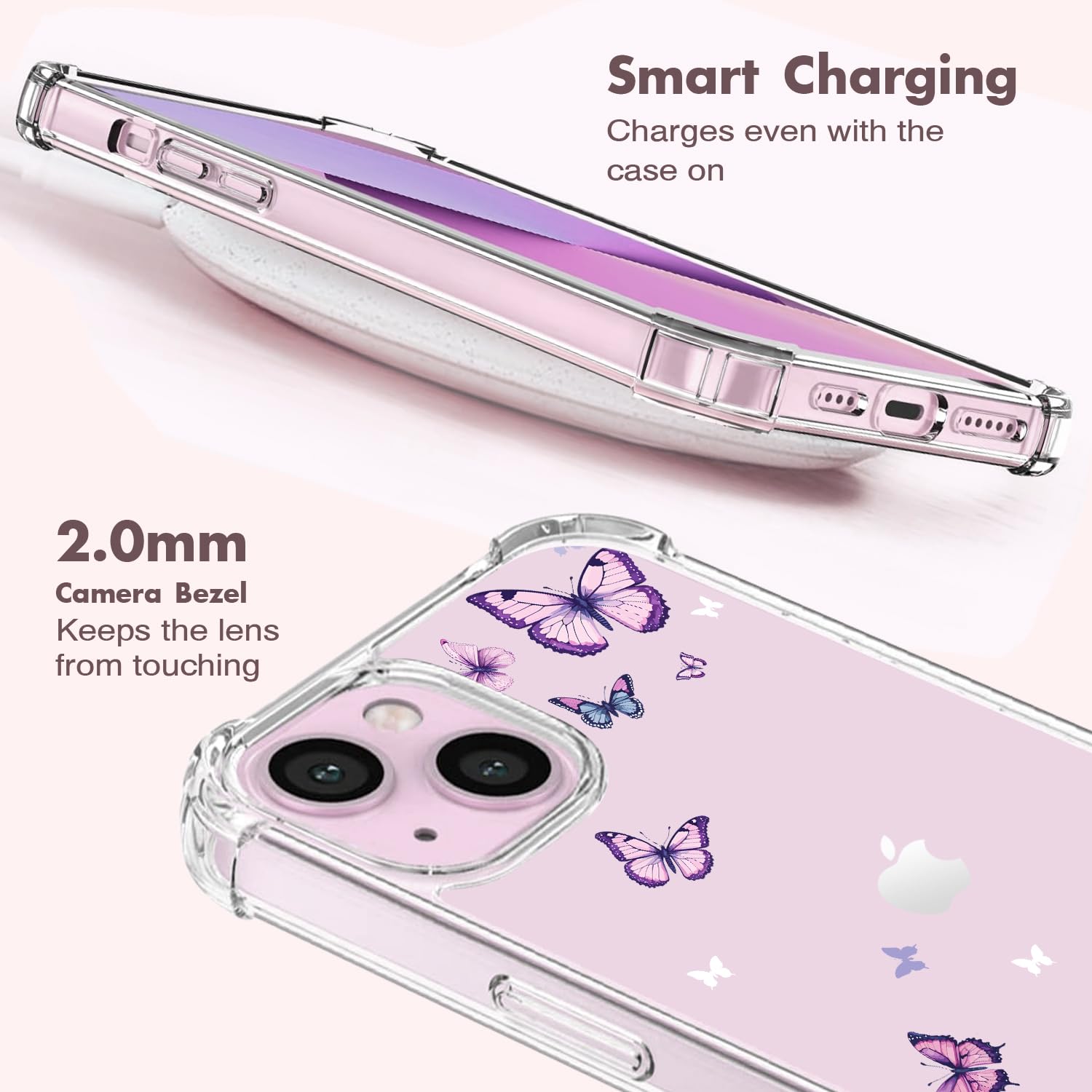 OtterBox Crystal Clear iPhone 13/14 Case (6.1 Inch) - Non-Yellowing Shockproof Protective Cover with Purple Butterfly Design for Women & Girls | Perfect for Everyday Use, Travel & Gift Giving