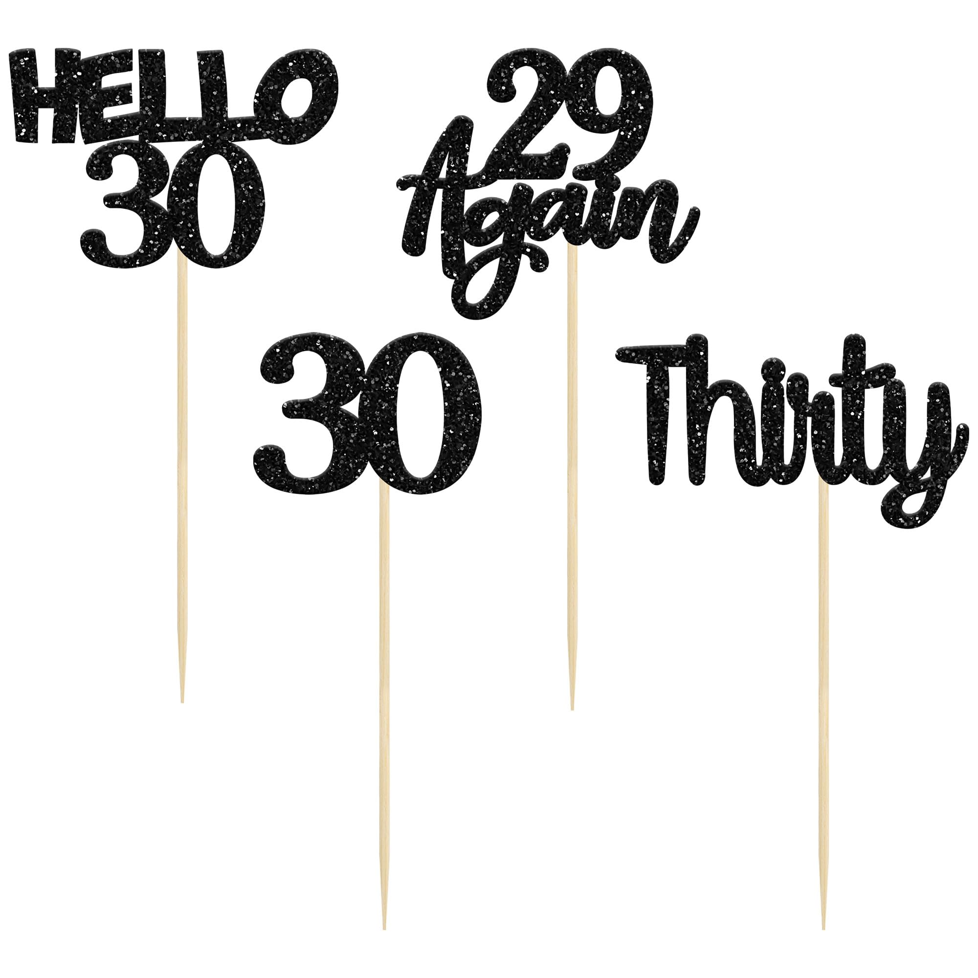 24Pcs Black Glitter 30th Birthday Cupcake Toppers - Hello 30 Cake Decorations - Again 29 Thirty Cupcake Picks for 30th Birthday Party Supplies - Perfect for Milestone Celebrations, Anniversary Cakes & Dessert Table Decor