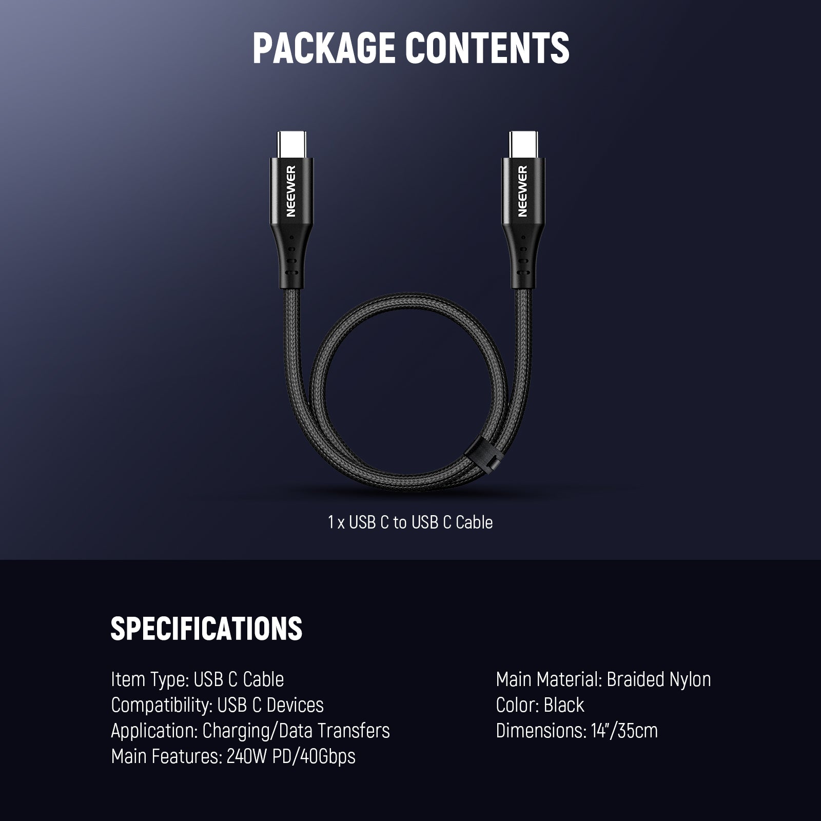 NEEWER PS009/PS010 8/14 USB C to USB C Fast Charging Cable - 3.3ft/1m & 4.6ft/1.4m - Compatible with MacBook Pro/Air, iPad Pro, Samsung Galaxy, iPhone 15 - Perfect for Home, Office & Travel Charging