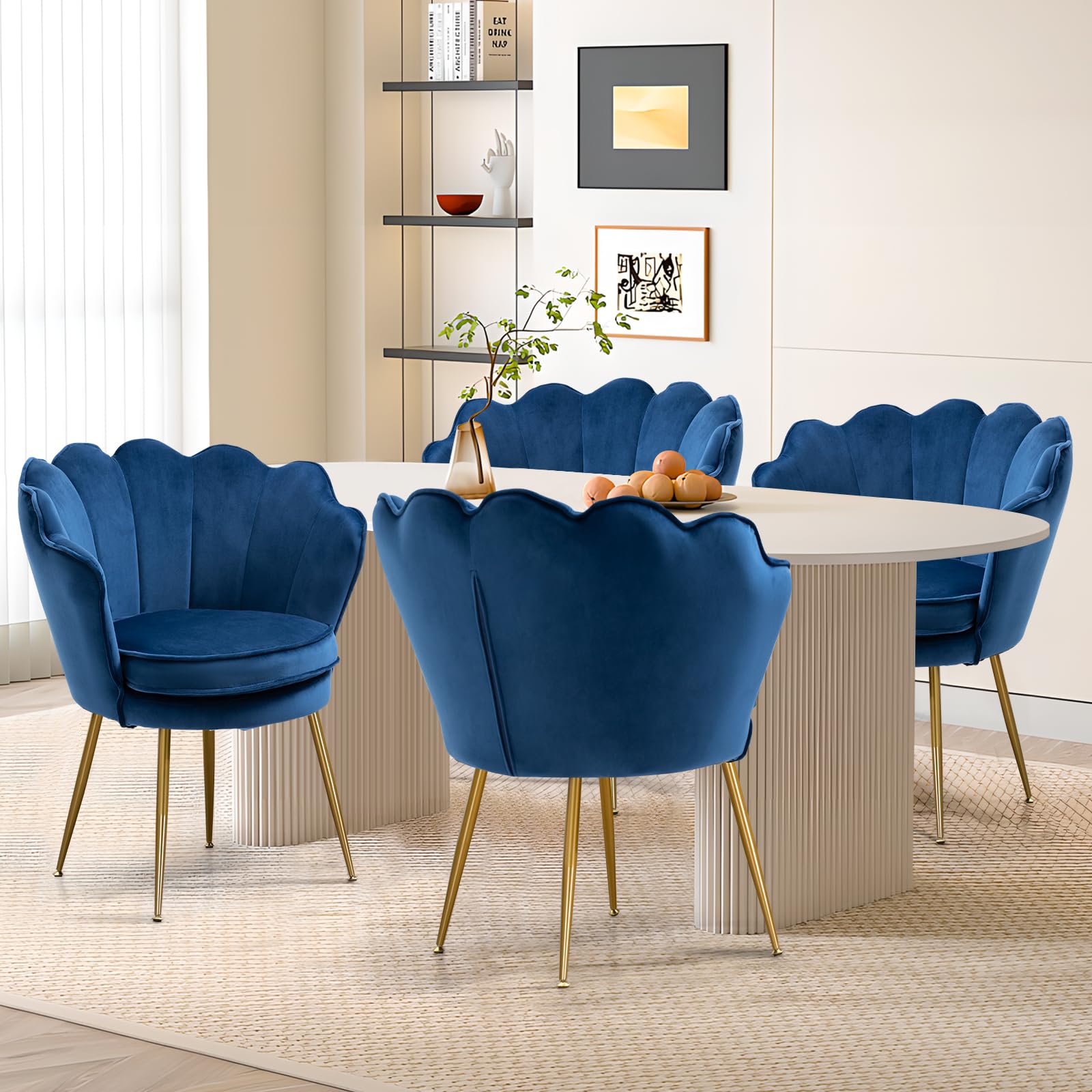Modern Velvet Accent Chairs Set of 2 - Shell Shaped Upholstered Armchairs with Golden Metal Legs for Bedroom, Living Room & Dining Room - Comfy Vanity Makeup Desk Chair (Dark Blue) | Perfect for Home Office, Guest Seating & Boudoir Decor
