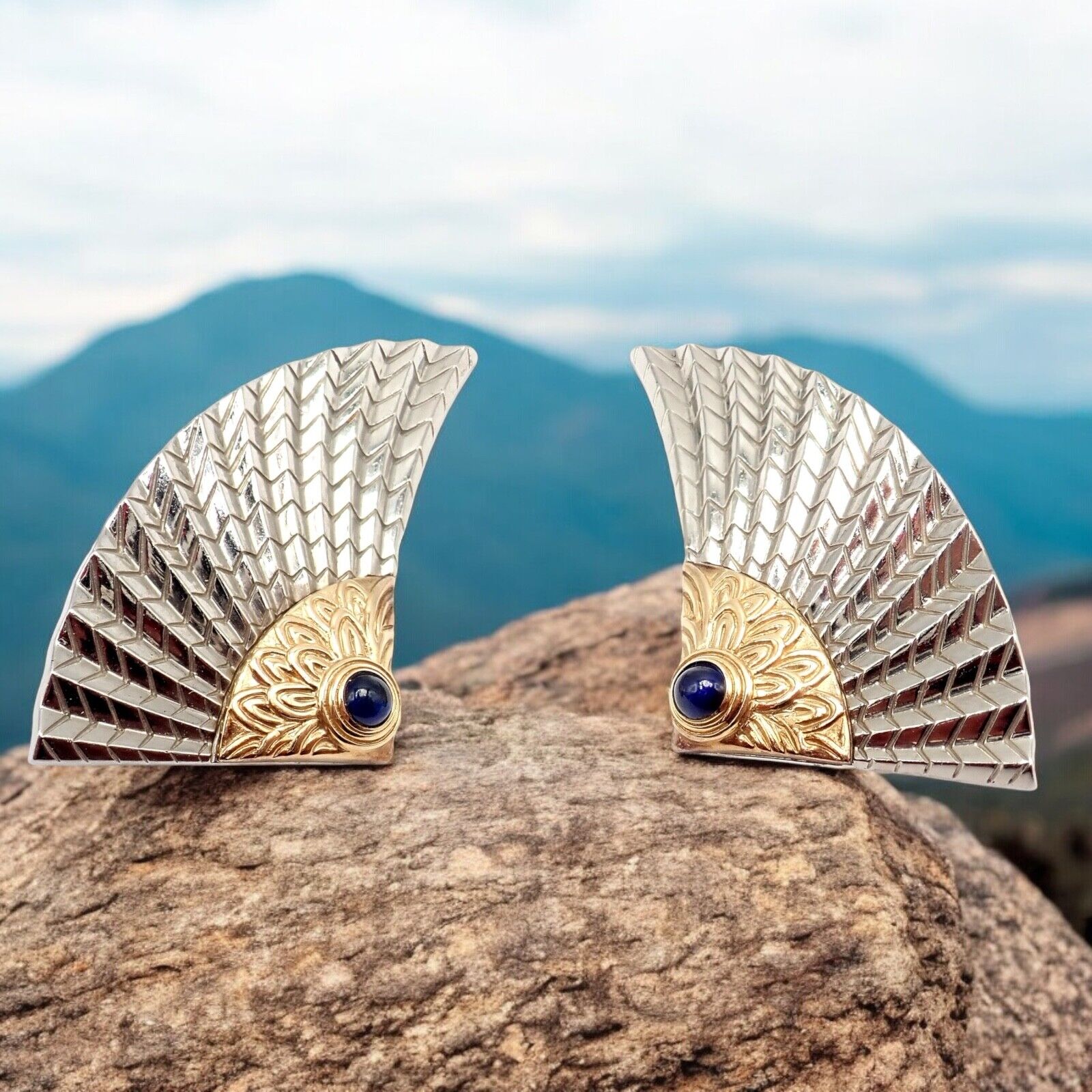 Exquisite Erte CFA 14k Yellow Gold & Silver Nile Large Fan Sapphire Earrings - Vintage Luxury Jewelry for Women - Perfect for Evening Gala, Wedding & Special Occasions