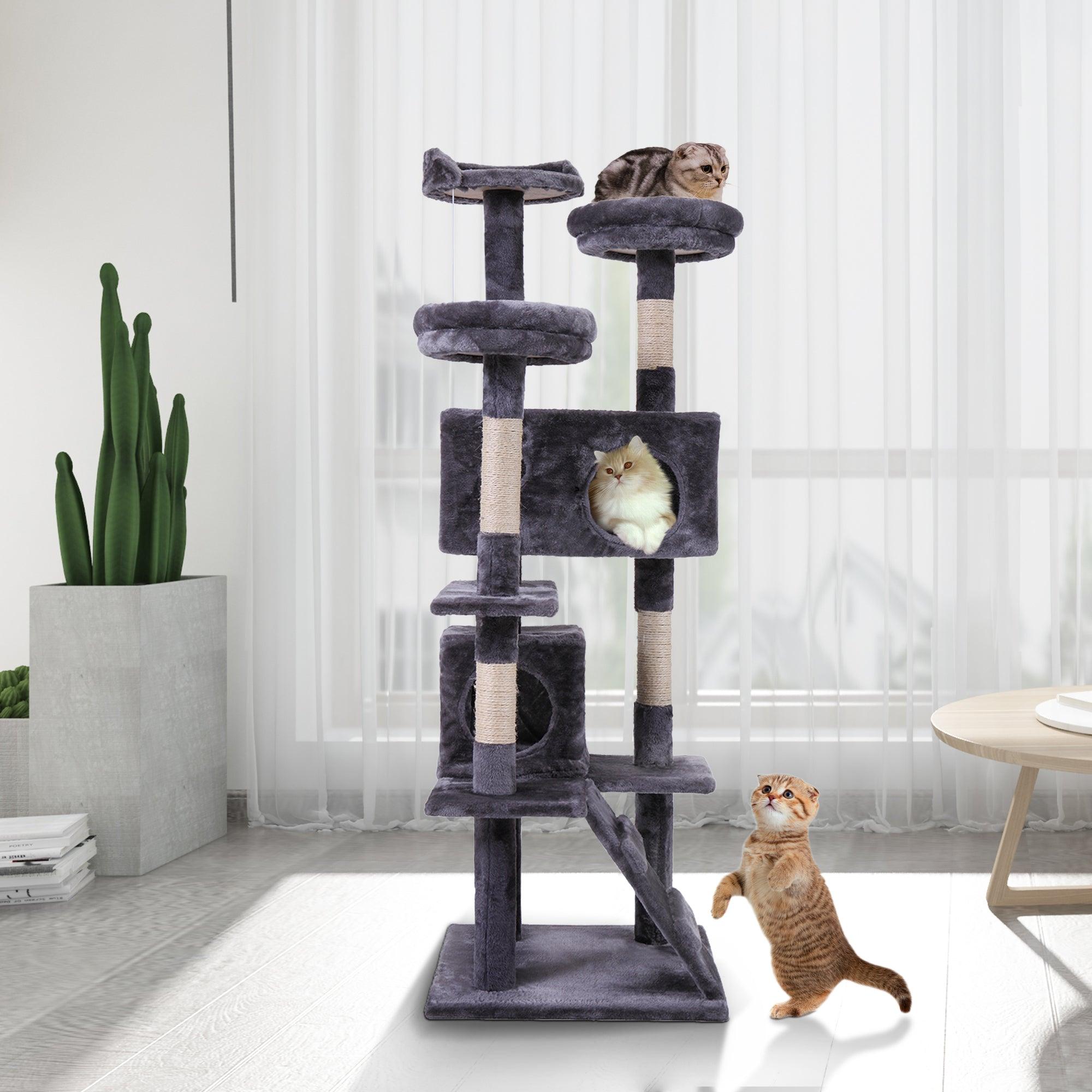 Premium Cat Tree Tower with Scratching Ball, Plush Cushion, Ladder & Condos - Multi-Level Indoor Cat Furniture for Play, Rest & Climbing (Gray) - Perfect for Small Spaces & Active Cats