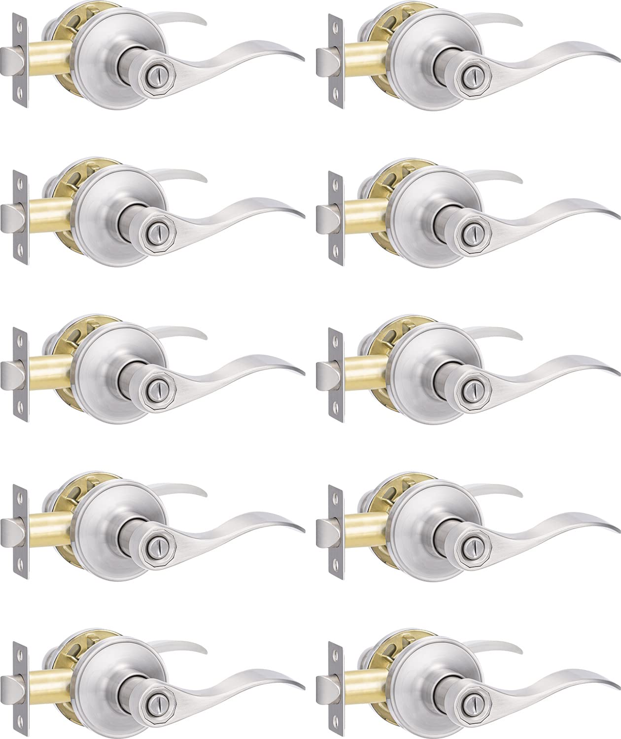 10 Pack Brushed Nickel Reversible Door Lever - Traditional Wave Style Privacy Door Handle for Interior Doors & Closets | Perfect for Bedrooms, Bathrooms & Home Security