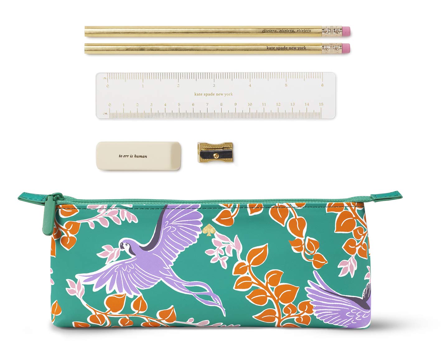 Kate Spade New York Green Pencil Case Set with 2 Pencils, Sharpener, Eraser & Ruler - Cute Bird Party Design School & Office Supplies for Students, Teachers & Professionals