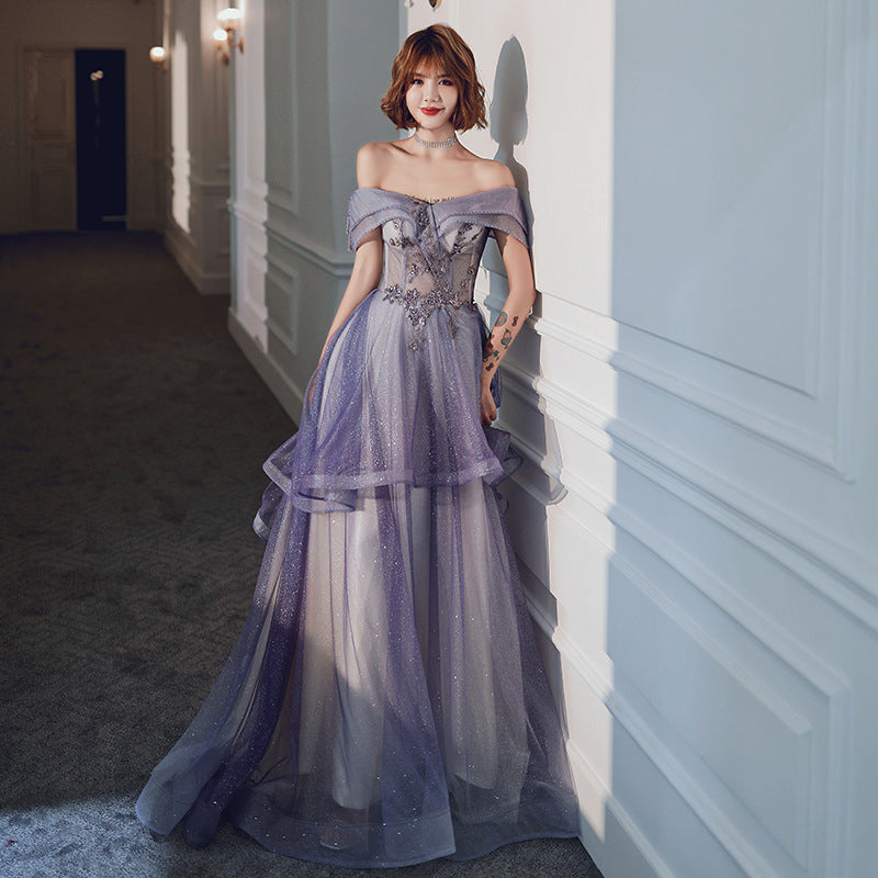 Elegant Off Shoulder Shiny Purple Prom Dress for Sweet 16 | A-Line Party Gown with Sparkle Details | Perfect for Homecoming, Quinceañera & Evening Events - Style 712