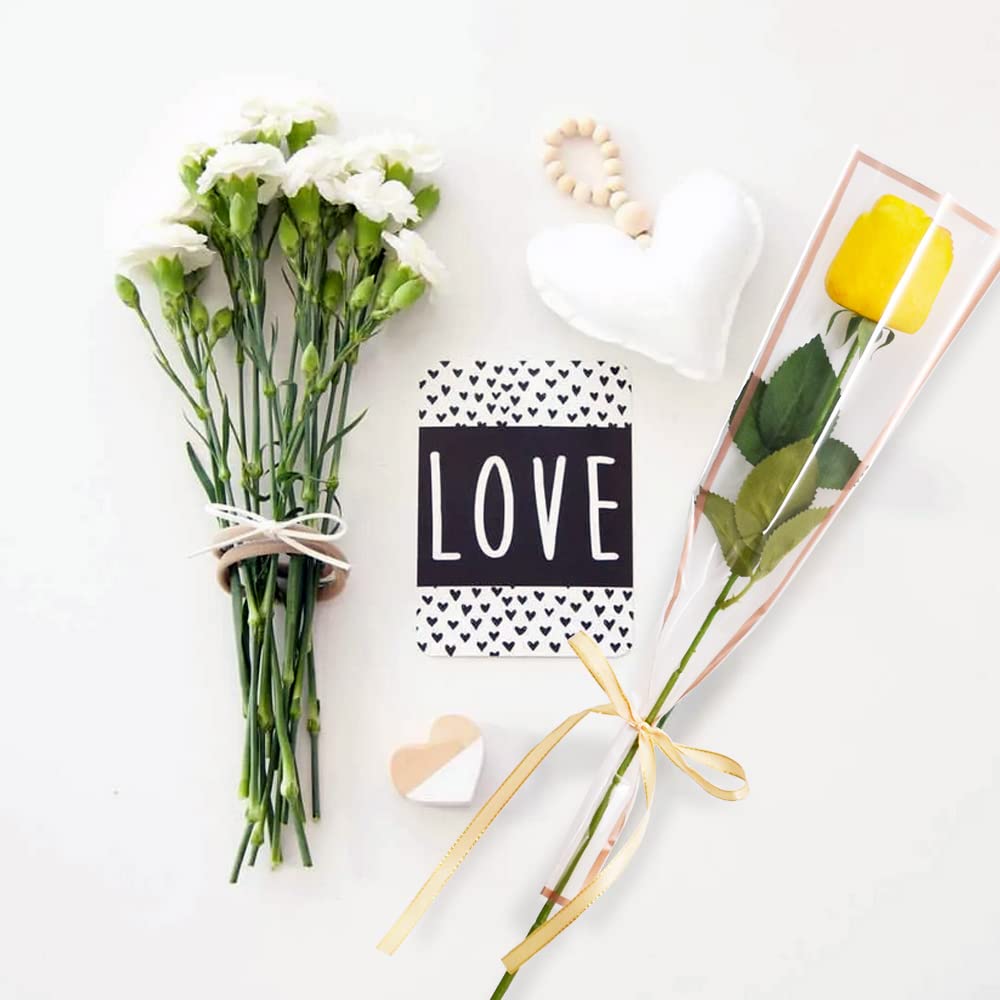 BEISHIDA 50 PCS Plastic Single Rose Sleeve Bouquet Bags - Flower Wrapping Packaging for Valentine's Day, Wedding, Birthday, Graduation, Father's Day (White with Champagne Edging) | Perfect for Floral Arrangements, Gift Wrapping, and Party Decorations