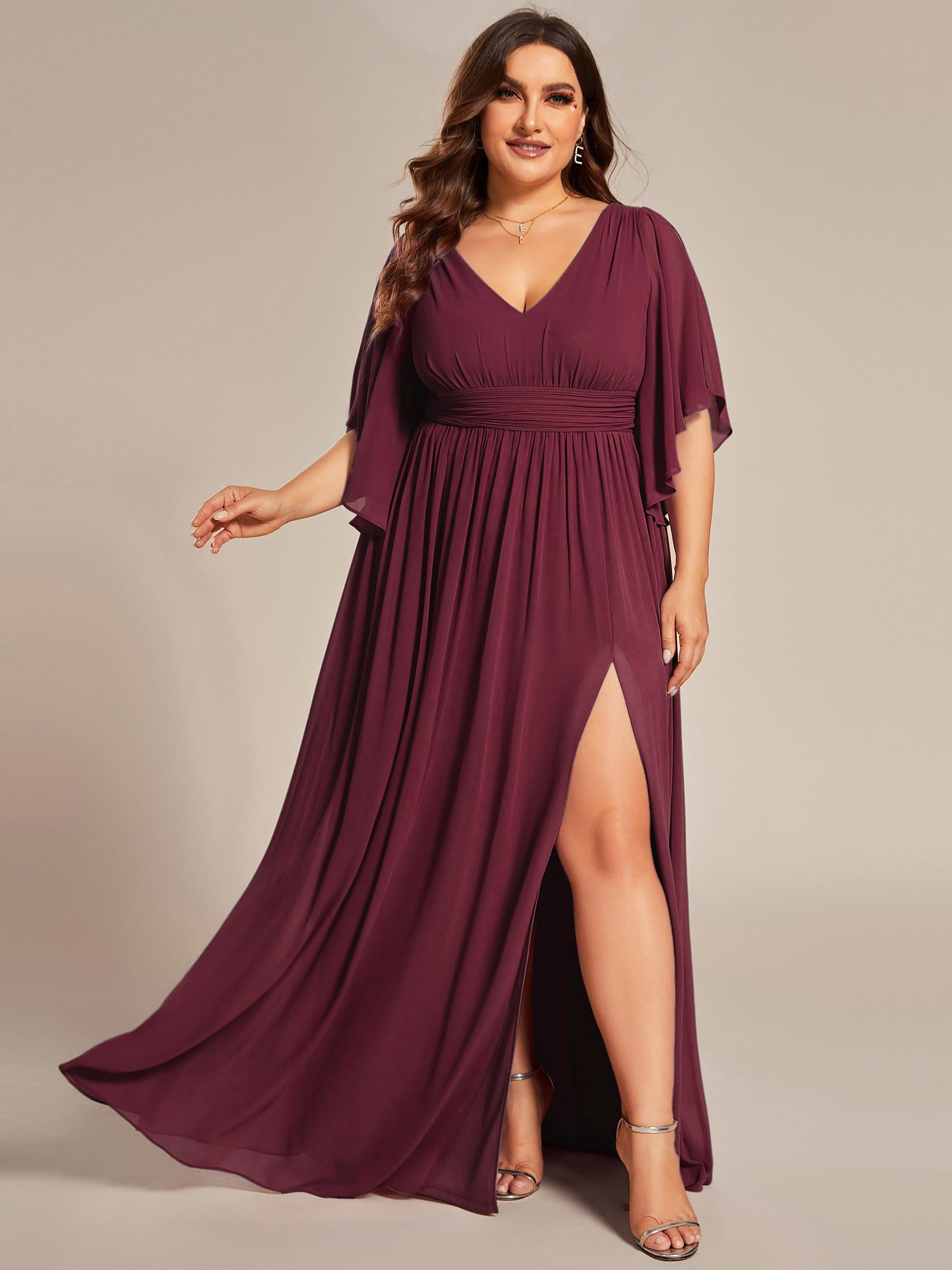Ever-Pretty Plus Size Women's V-Neck A-Line Bridesmaid Dress with Half Sleeves & High Slit - Floor Length Formal Gown 01886-DA | Perfect for Weddings, Prom, Evening Parties & Special Occasions