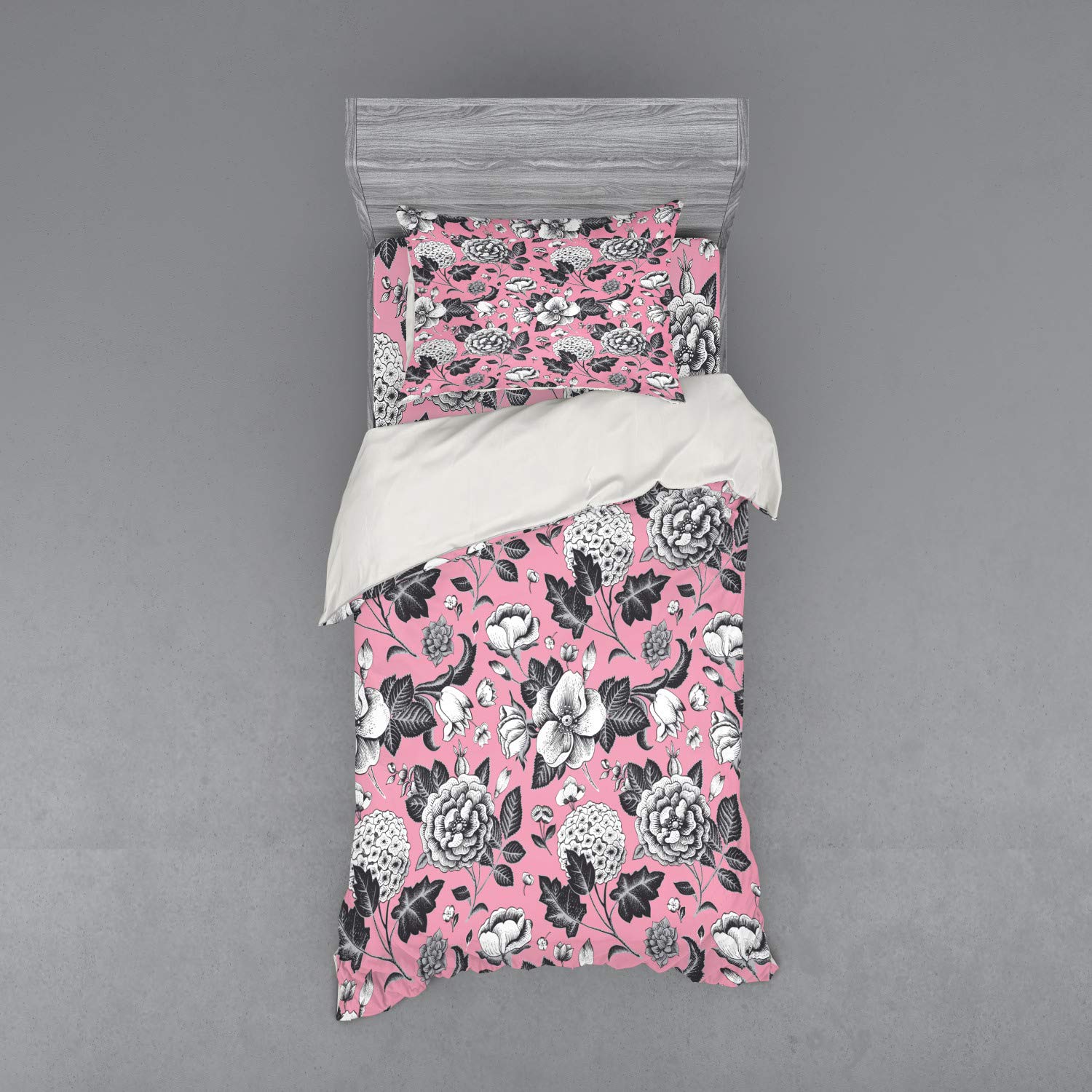 Ambesonne Floral Duvet Cover Set - Vintage Garden Flowers with Tulips & Leaves Sketch Art, 3-Piece Twin XL Bedding Set with Sham & Fitted Sheet, Coral Black White | Perfect for Boho Bedroom Decor & Guest Room Styling