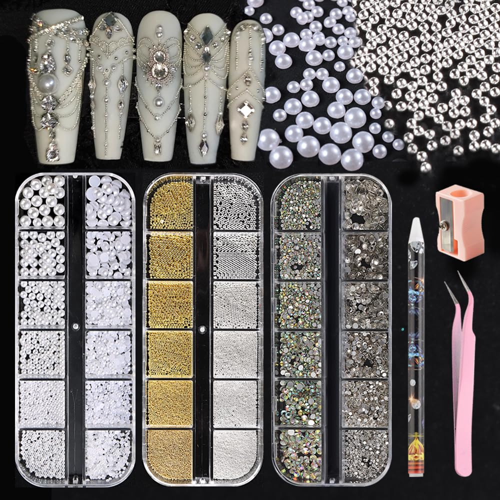 3 Boxes Nail Art Charms Kit - Gold Silver Mini Metal Caviar Beads, White Round Pearls, Flatback Rhinestones with Dotting Tools for Manicure & Nail Decoration | Perfect for DIY Nail Art, Salon Use, and Gift Giving