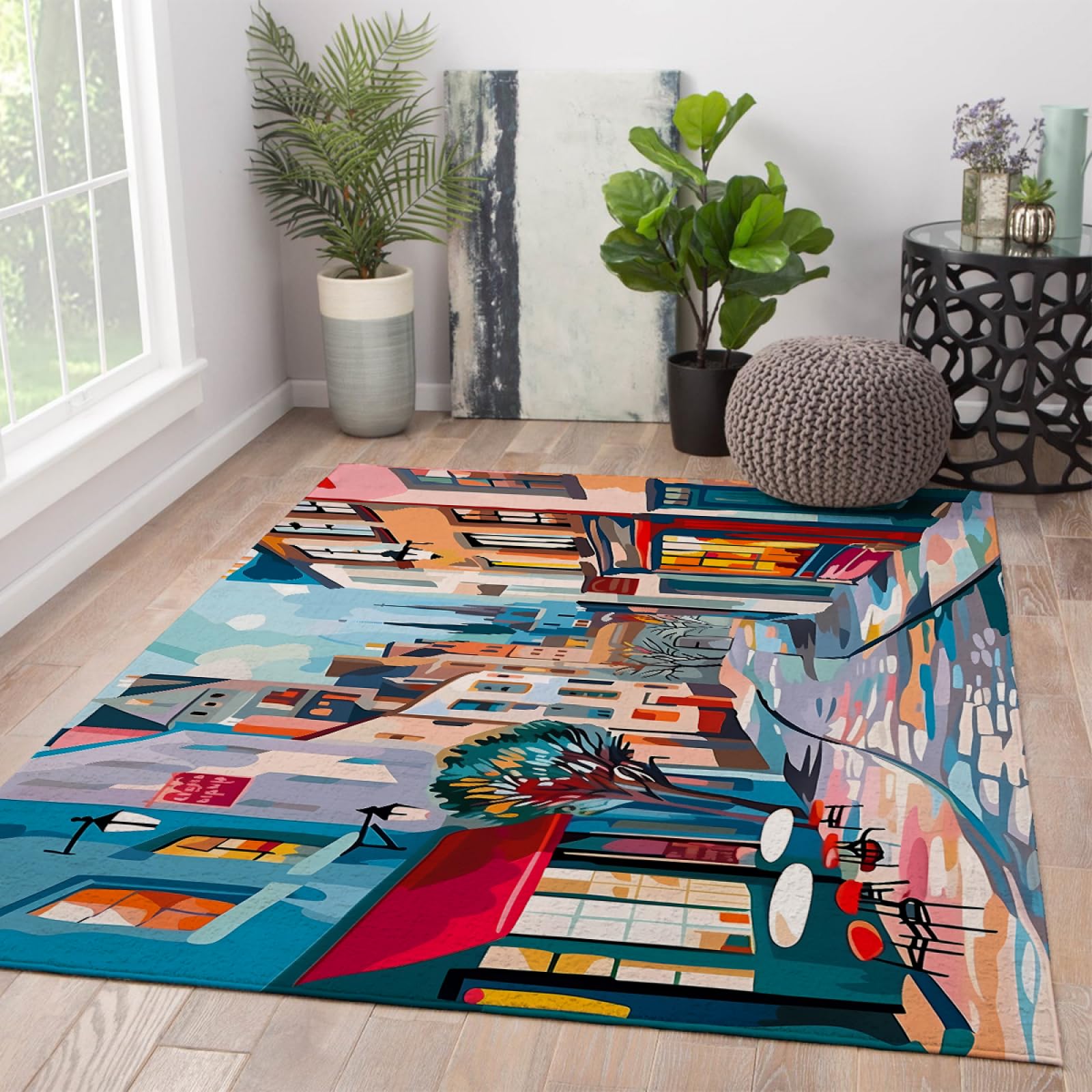 3'x5' Cartoon Street Scene Area Rug - Soft Machine Washable Nordic Farmhouse Carpet for Living Room, Bedroom & Office - Perfect for Kids' Playroom, Dorm Decor and Cozy Home Spaces