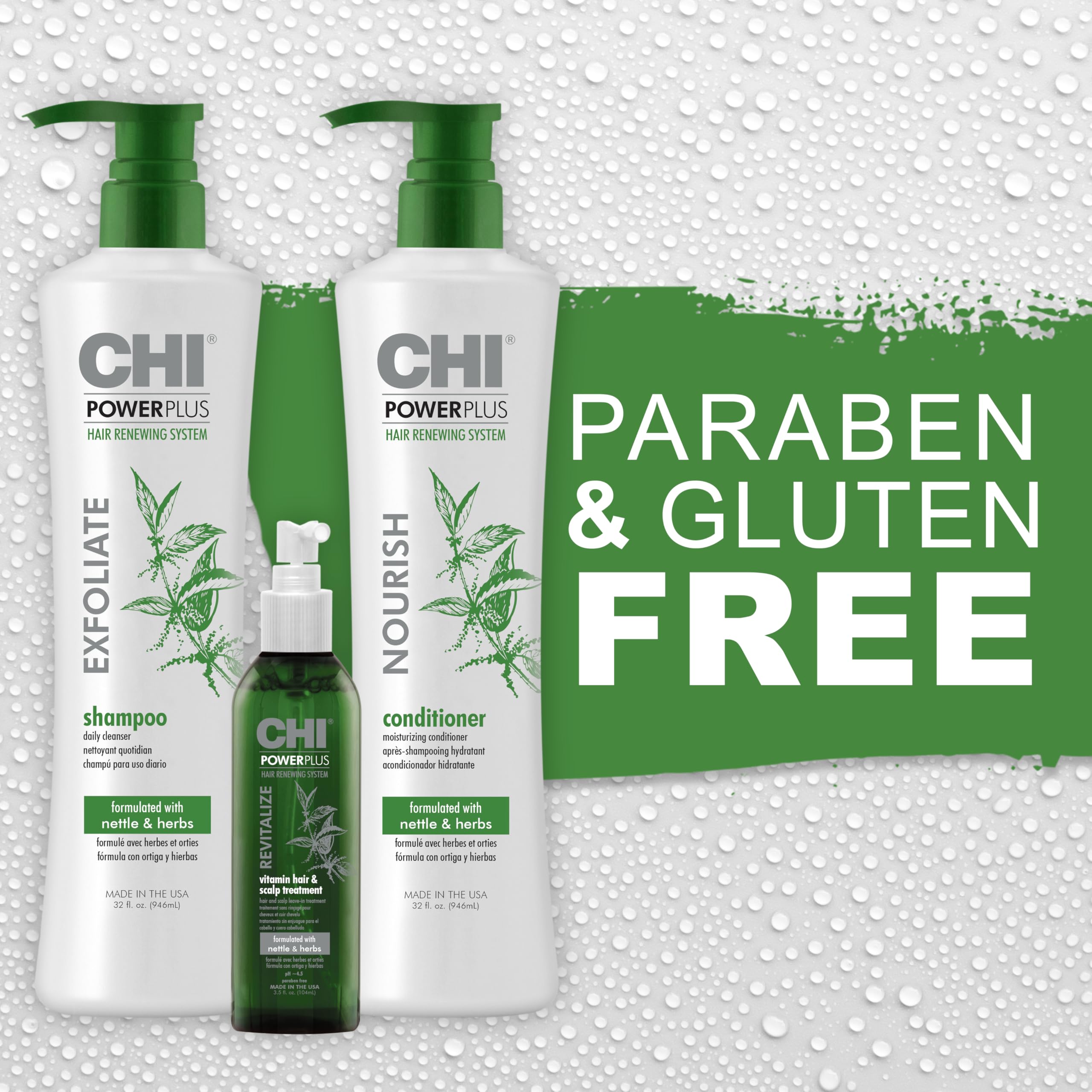CHI Power Plus Step Exfoliate Shampoo 32oz, Nourish Conditioner 32oz & Revitalize Vitamin Hair Scalp Treatment 3.5oz - 3-Step Professional Hair Care System for Damaged Hair Repair - Salon Quality Shampoo & Conditioner Set for Dry, Frizzy Hair - Perfect for Home & Professional Use