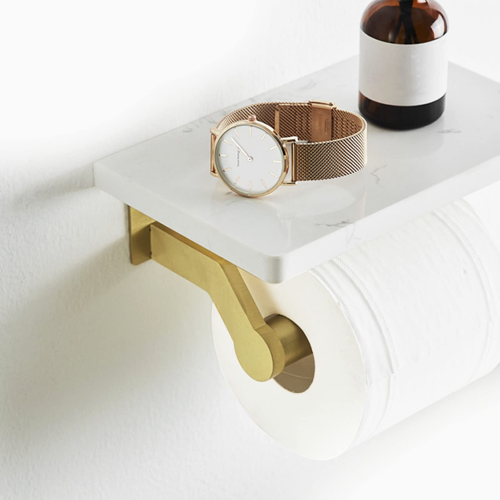 Brushed Gold Stainless Steel Toilet Paper Holder with White Natural Marble Shelf - Wall Mounted Bathroom Tissue Roll Holder for Kitchen, Washroom & Bedroom - Elegant Storage Solution for Home and Office Spaces