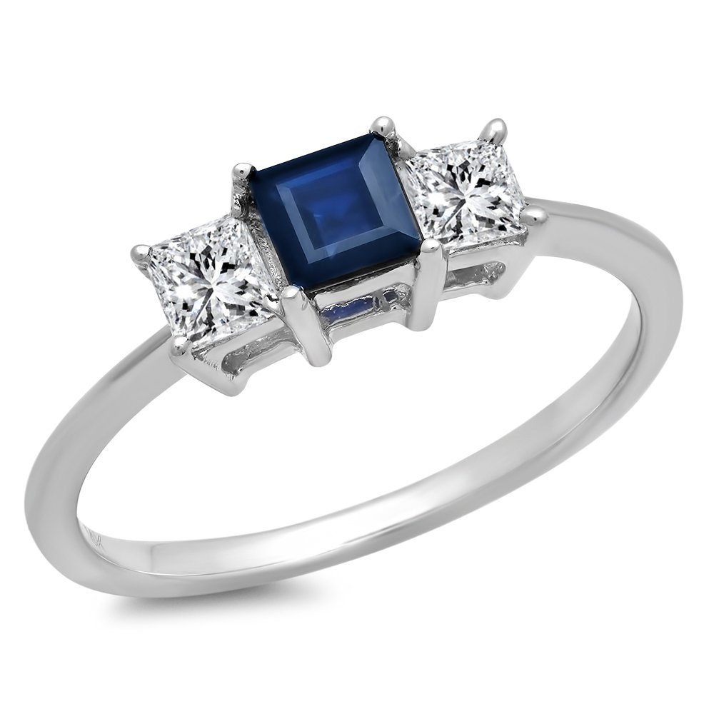 18K White Gold Princess Cut White Diamond & Blue Sapphire 3 Stone Bridal Ring for Women | Dazzlingrock Collection | Perfect for Engagement, Wedding & Anniversary Gifts
