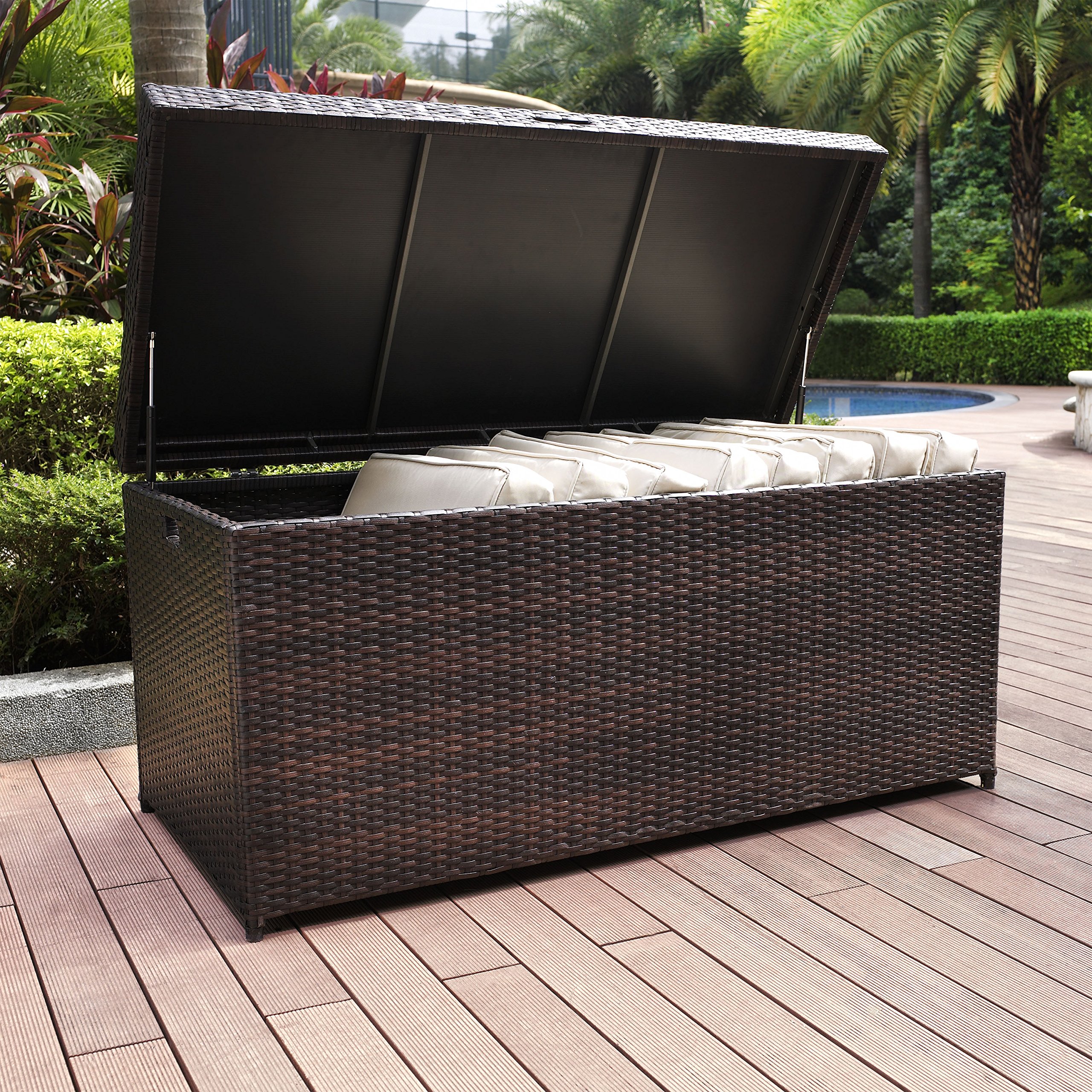 Crosley Palm Harbor Wicker Outdoor Storage Box - Waterproof Patio Furniture Cushion Organizer, Pool Toy Storage Container for Backyard, Deck & Poolside - Brown