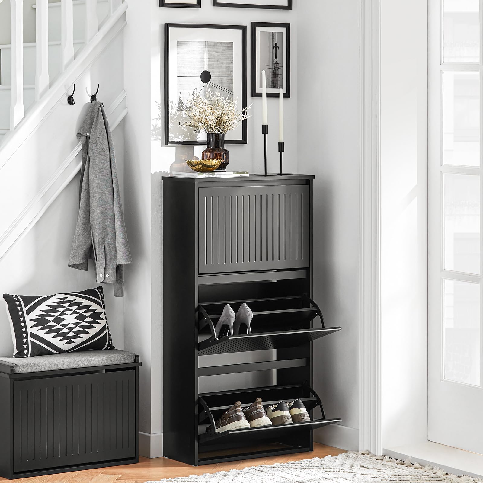 3-Tier Flip-Drawer Shoe Storage Cabinet - Freestanding Shoe Organizer for Entryway, Narrow Hallway - Space Saving Shoe Rack for Sneakers, Boots & Sandals - Perfect for Small Apartments & Closet Organization (Black)