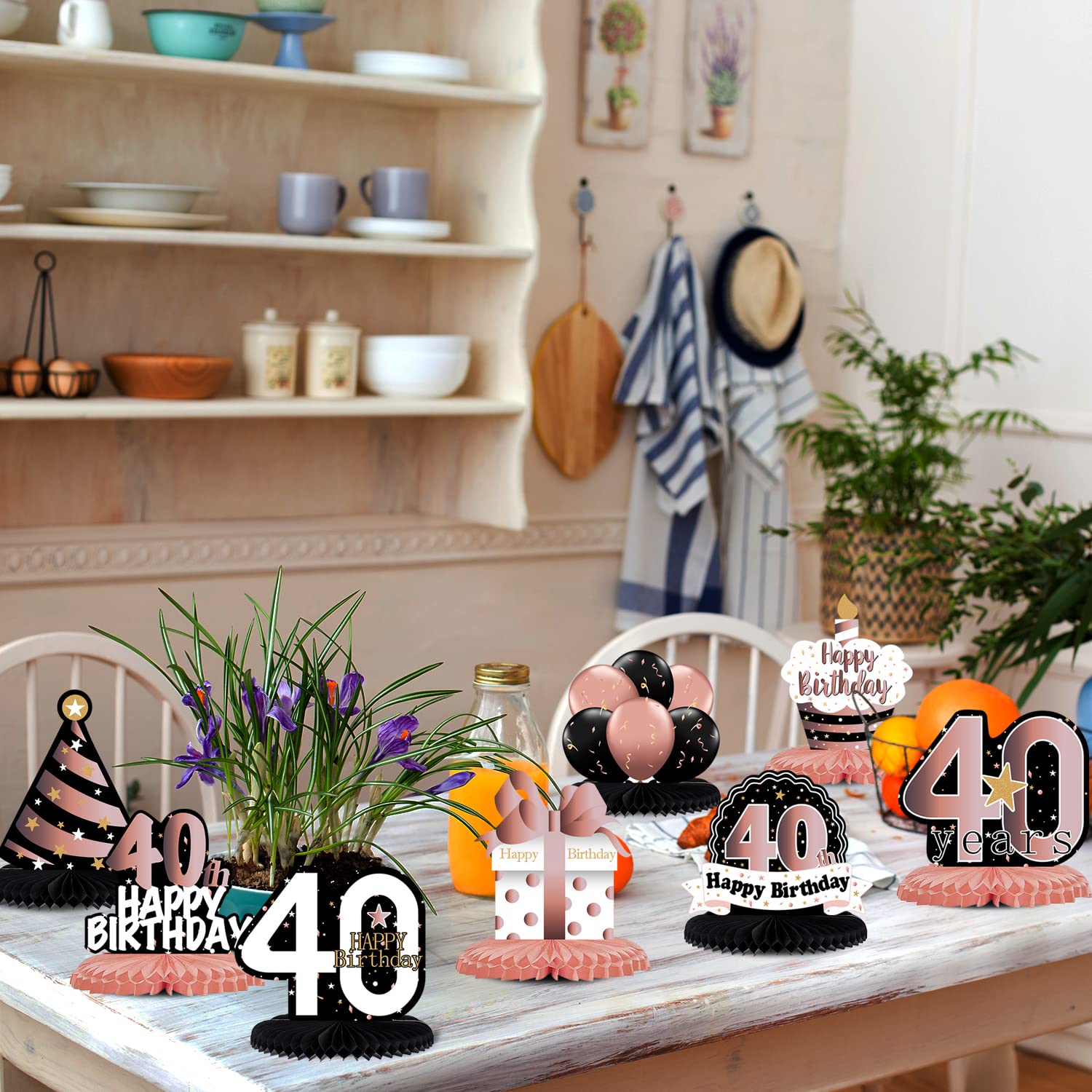 Rose Gold 40th Birthday Honeycomb Centerpieces - Cheers to 40 Years Party Decorations, Table Sign Gift for Women & Men - Perfect for Anniversary Celebrations, Milestone Parties & Home Decor