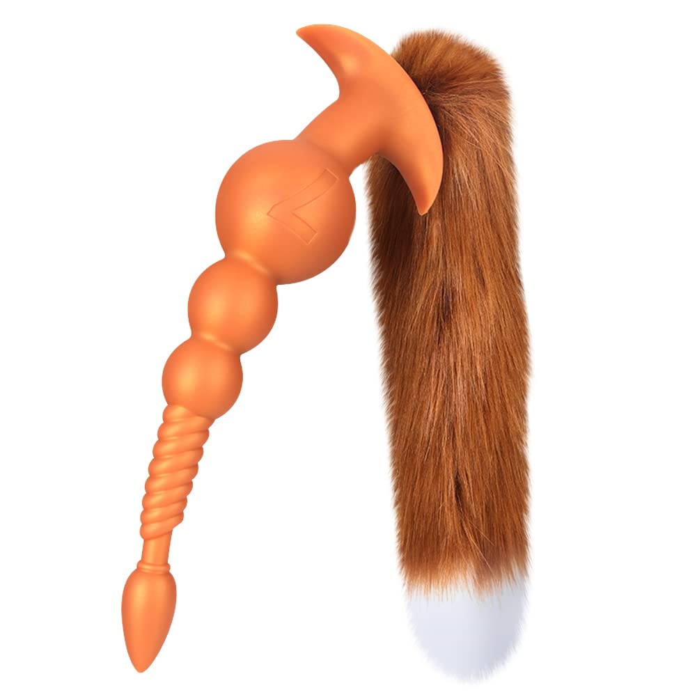 Extra Long Removable Fox Tail Anal Beads - Liquid Silicone Butt Plug Sex Toy for Men & Women - Anal Stimulator for Couples, Cosplay, Erotic SM Games - Perfect for Roleplay, BDSM & Sensual Play (Large Size)
