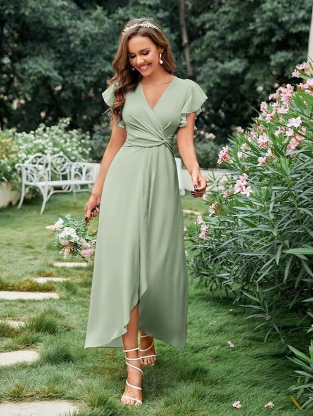 Elegant Flutter Sleeve Bridesmaid Dresses - Tea Length Chiffon Formal Gown with Side Slit & Pockets | Perfect for Weddings, Parties & Special Occasions
