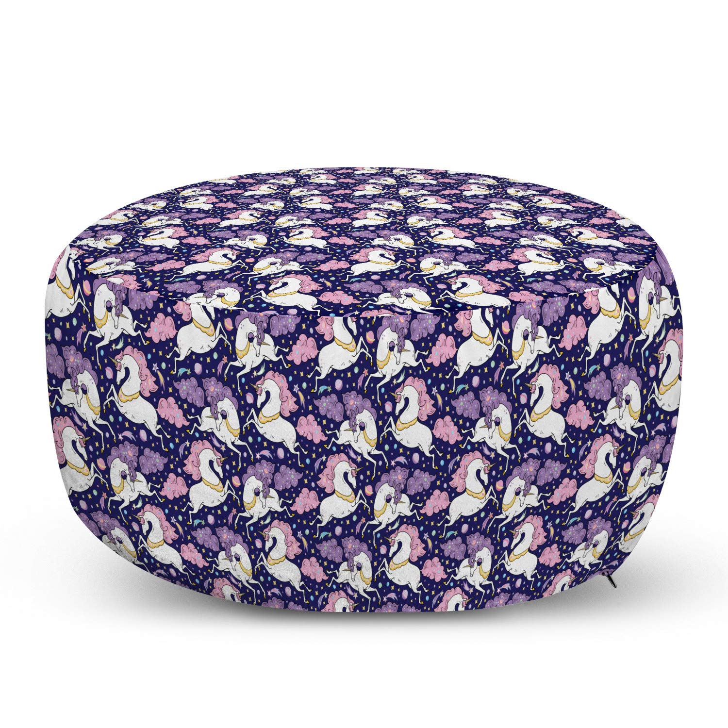 Ambesonne Unicorn Ottoman Pouf - Mythical Animal Galaxy Design with Shooting Stars, Soft Foot Rest Stool with Removable Cover for Living Room & Bedroom - Indigo Lilac & Pink | Perfect for Cozy Home Decor, Kids Room, Reading Nook & Lounge Seating