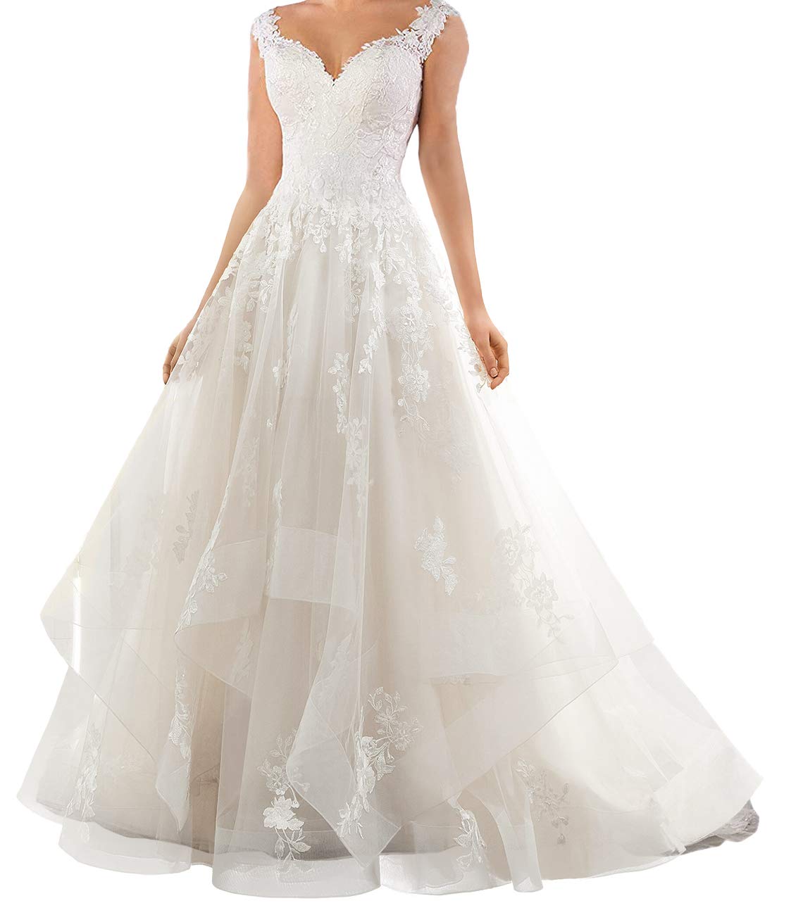 Elegant Lace A-Line Wedding Dress with Ruffles - Sleeveless Bridal Gown for Bride | Perfect for Church Ceremonies, Beach Weddings & Formal Receptions