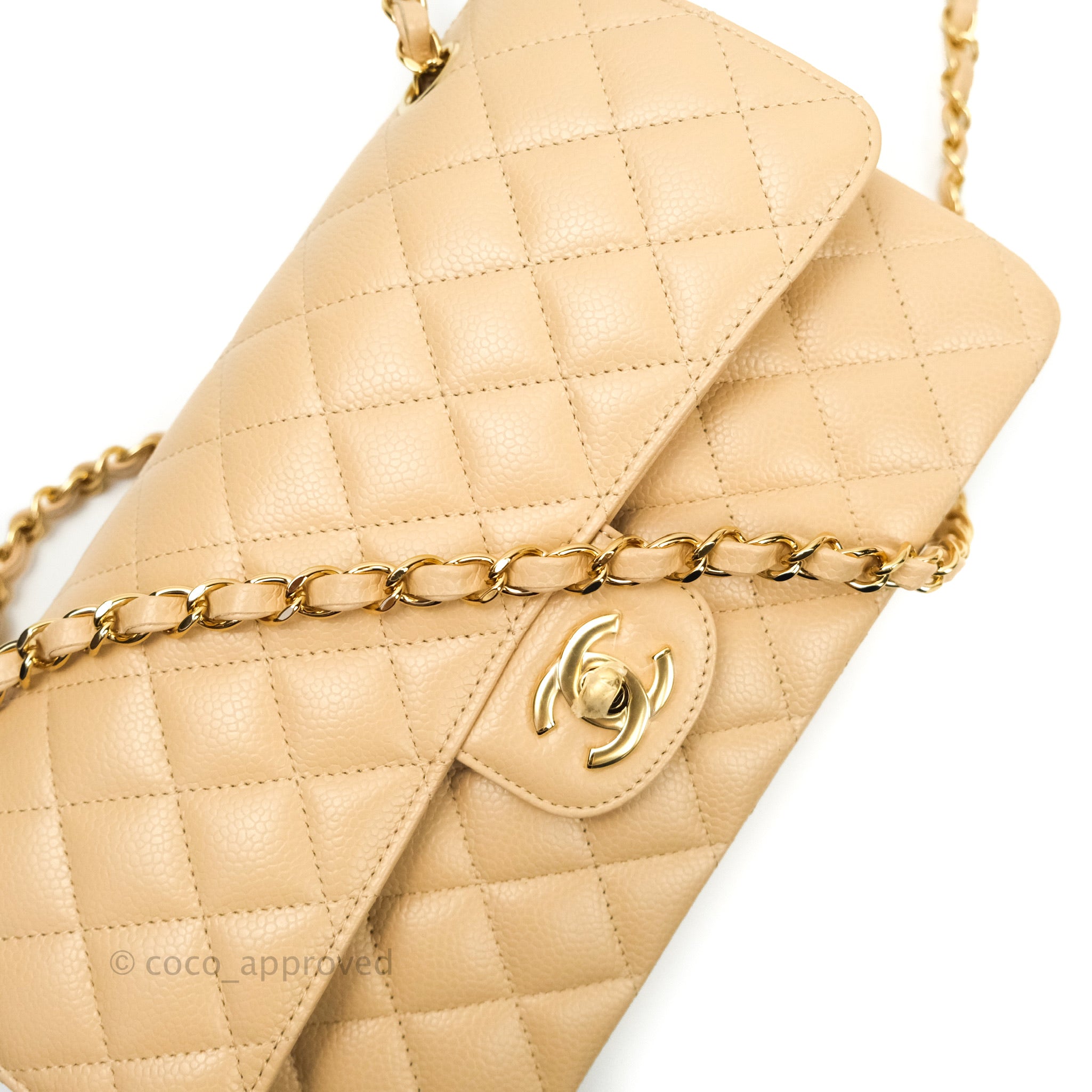 Chanel Classic M/L Medium Double Flap Bag in Beige Caviar Leather with Gold Hardware - Luxury Handbag for Women, Perfect for Work, Parties & Special Occasions