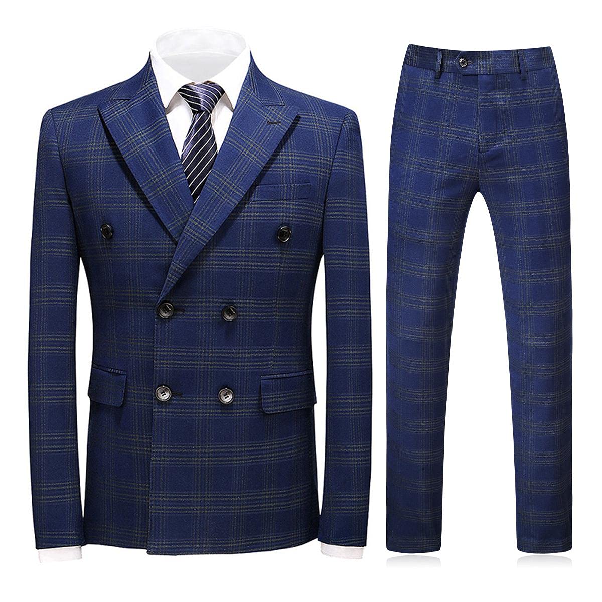 Men's Slim Fit Double Breasted 3-Piece Plaid Suit Set - Formal Jacket, Vest & Pants for Business, Weddings & Special Occasions