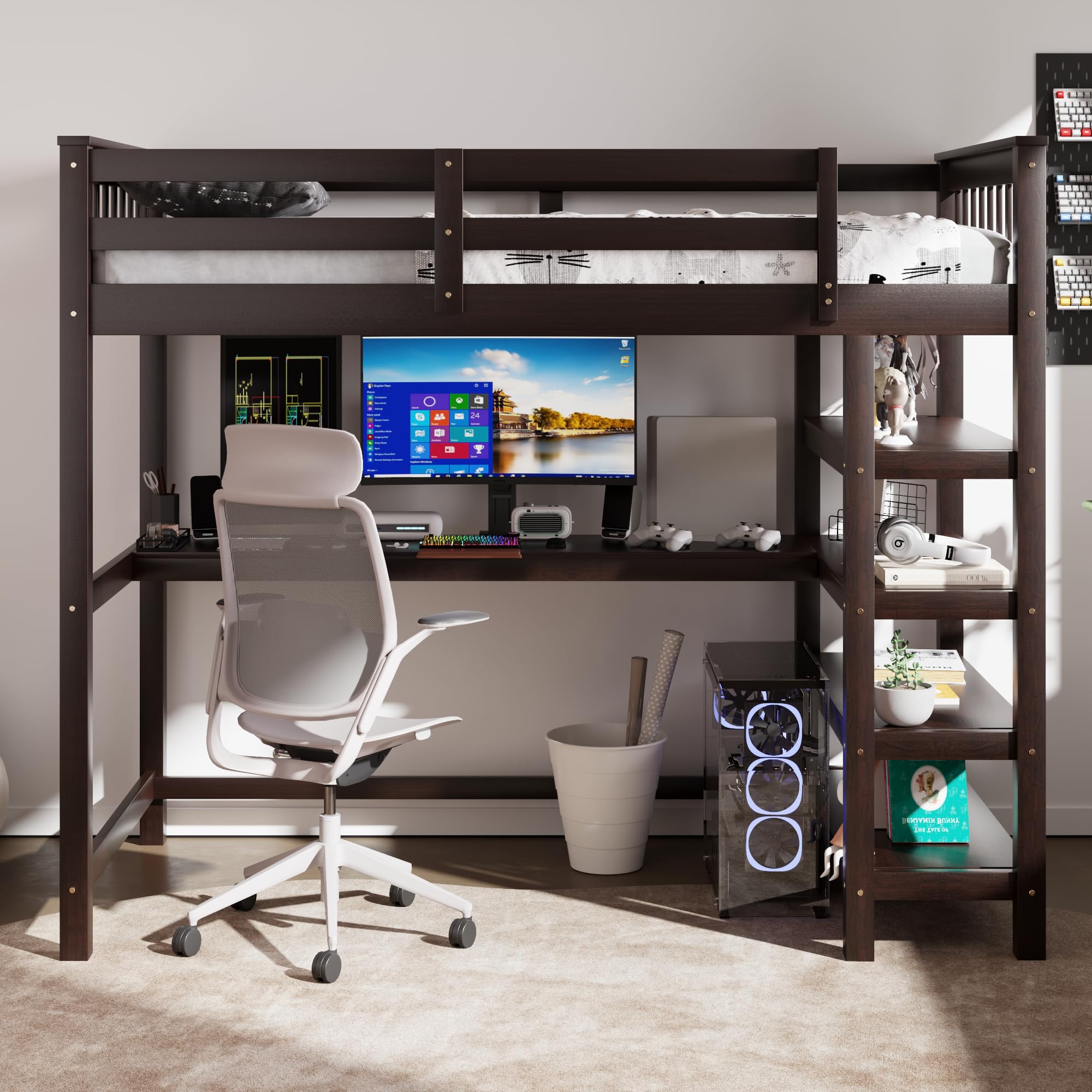 Merax Twin Size Wood Loft Bed with Desk & Shelves - Space-Saving Study Bed with Storage & Under-Bed Workspace in Espresso Finish - Perfect for Small Bedrooms, Dorm Rooms & Kids' Rooms