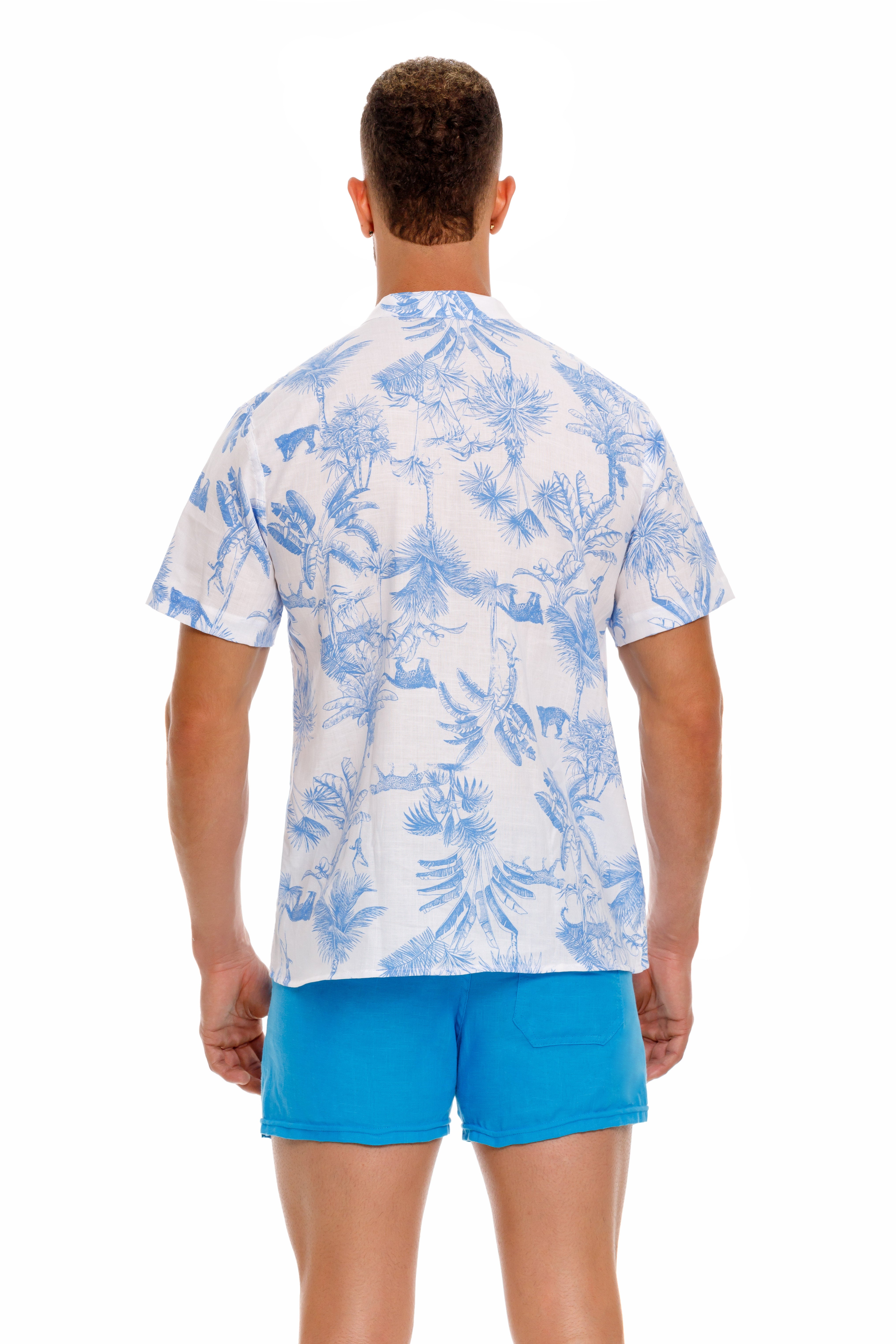JOR Qatar Men's Short Sleeve Linen Shirt - Floral Blue Pattern - Breathable Summer Casual Wear for Beach & Outdoor Activities
